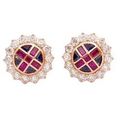 Ruby, Blue Sapphire and Diamond Earrings set in 18K Rose Gold Settings