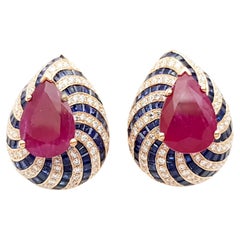 Ruby, Blue Sapphire and Diamond Earrings set in 18K Rose Gold Settings