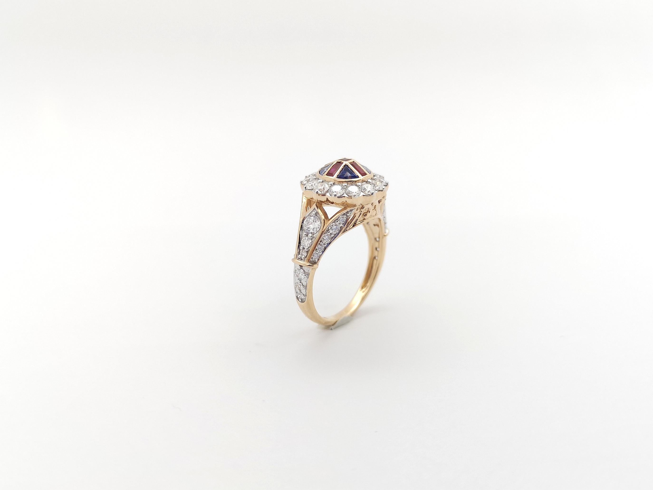 Ruby, Blue Sapphire and Diamond Ring set in 18K Rose Gold Settings For Sale 9
