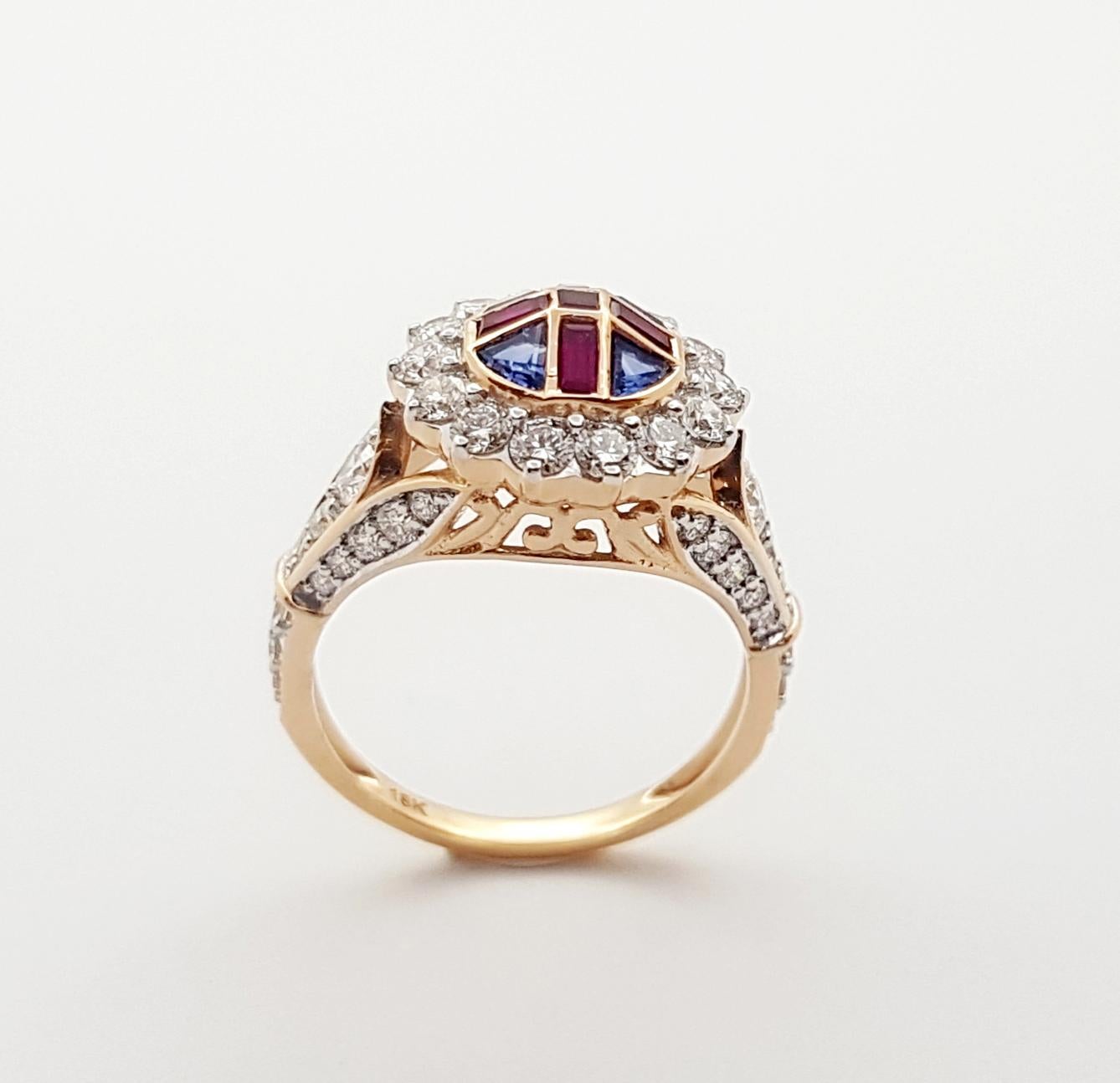 Ruby, Blue Sapphire and Diamond Ring set in 18K Rose Gold Settings For Sale 2