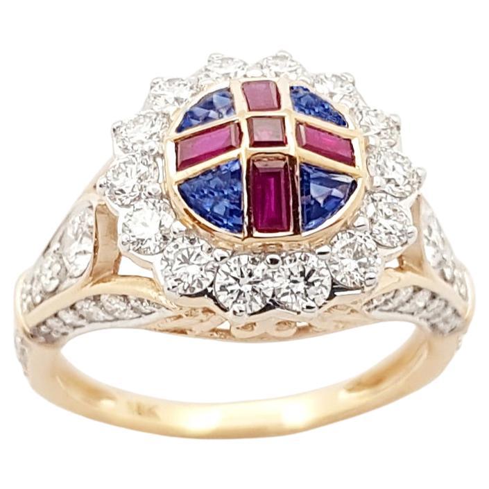 Ruby, Blue Sapphire and Diamond Ring set in 18K Rose Gold Settings For Sale