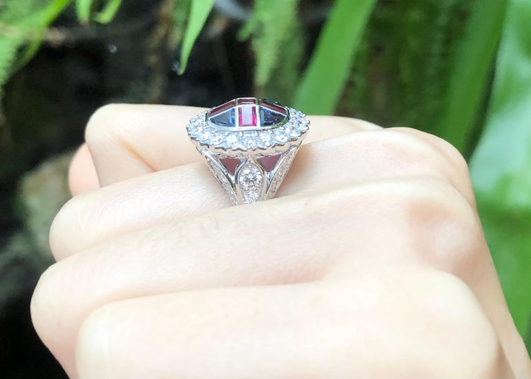 Blue Ruby Diamond Ruby, Blue Sapphire and Diamond Ring Set in 18k White Gold Settings For ...