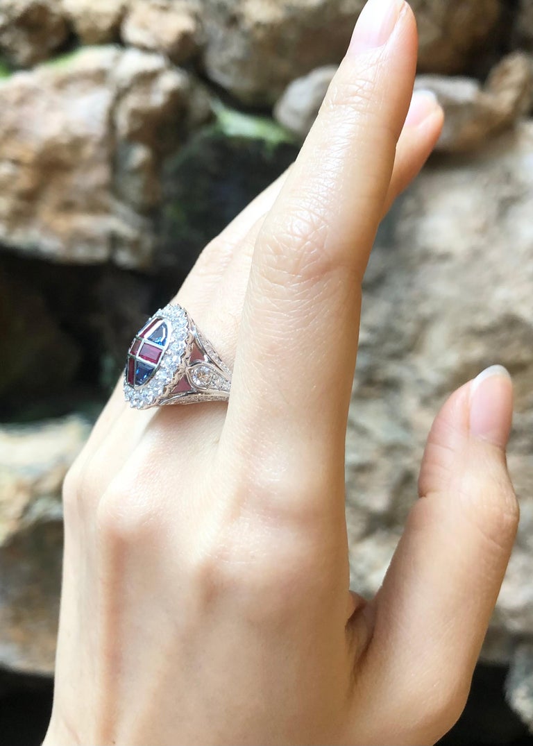 Blue Ruby Diamond Ruby, Blue Sapphire and Diamond Ring Set in 18k White Gold Settings For ...