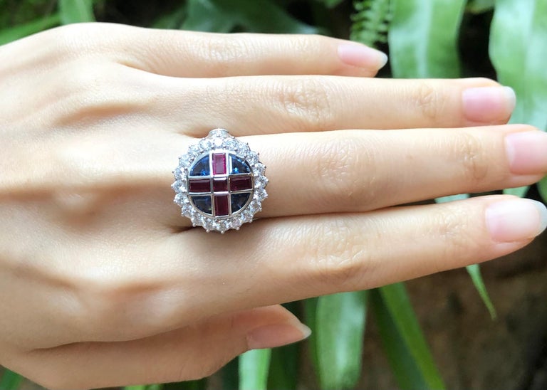 Blue Ruby Diamond Ruby, Blue Sapphire and Diamond Ring Set in 18k White Gold Settings For ...