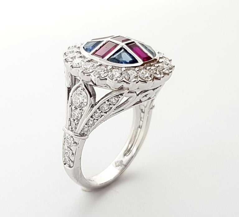 Blue Ruby Diamond Ruby, Blue Sapphire and Diamond Ring Set in 18k White Gold Settings For ...