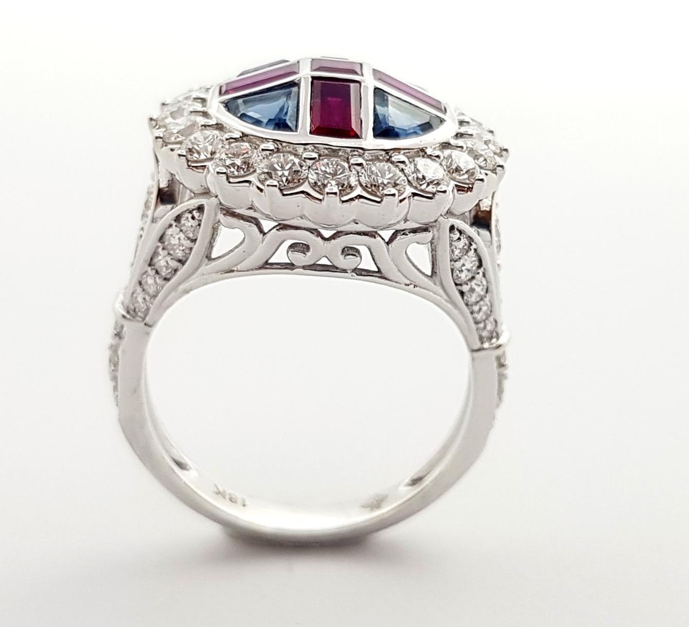 Ruby, Blue Sapphire and Diamond Ring Set in 18k White Gold Settings For Sale 2