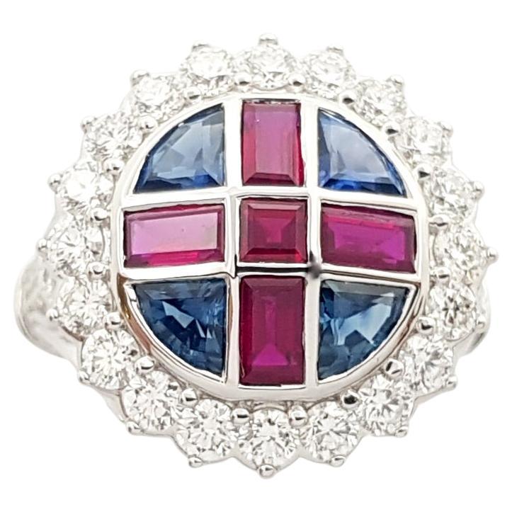 Ruby, Blue Sapphire and Diamond Ring Set in 18k White Gold Settings For Sale