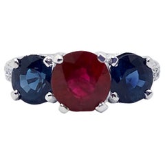 Ruby, Blue Sapphire and Diamond Ring set in 18K White Gold Settings