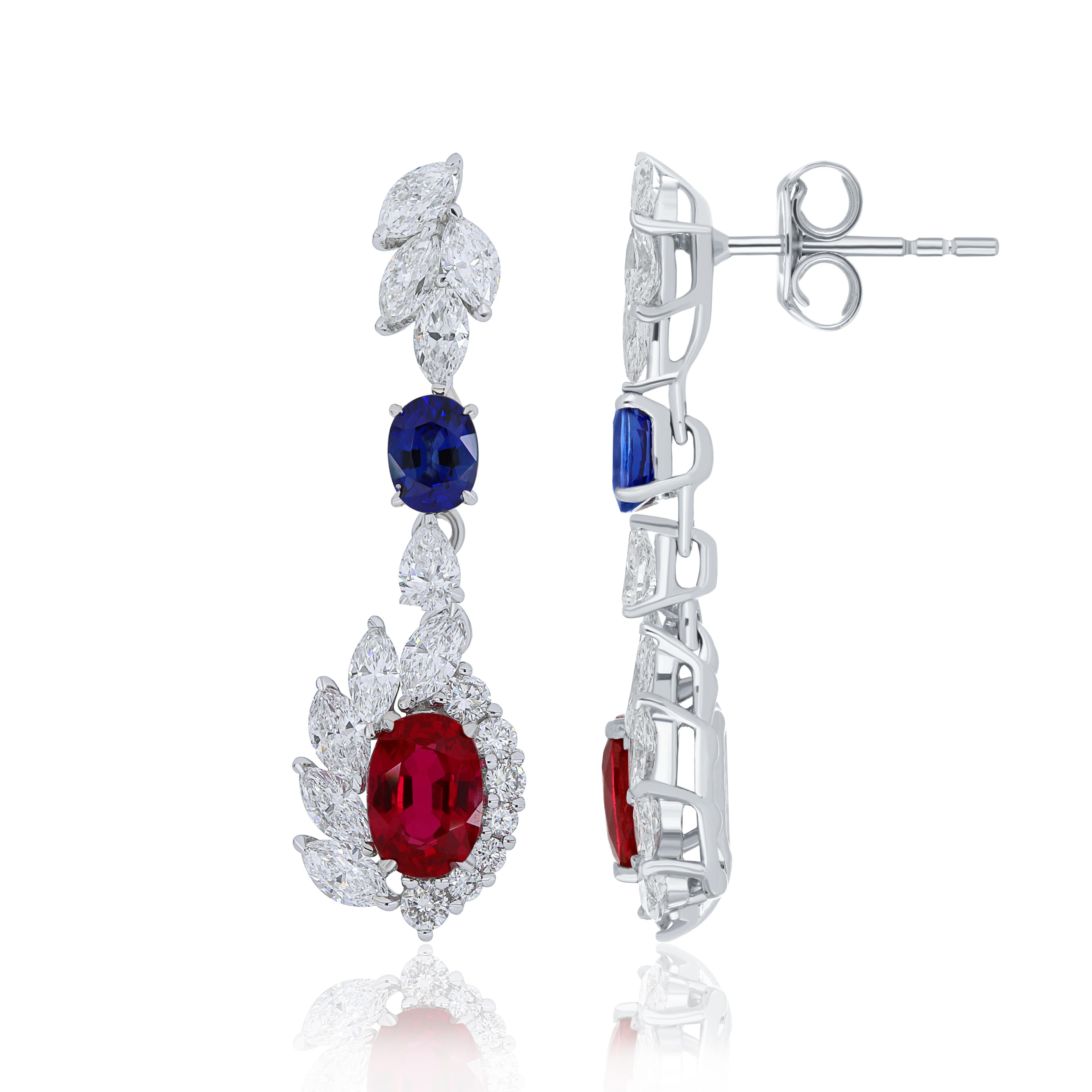 Oval Cut Ruby, Blue Sapphire and Diamond Studded Earrings in 18 Karat White Gold For Sale
