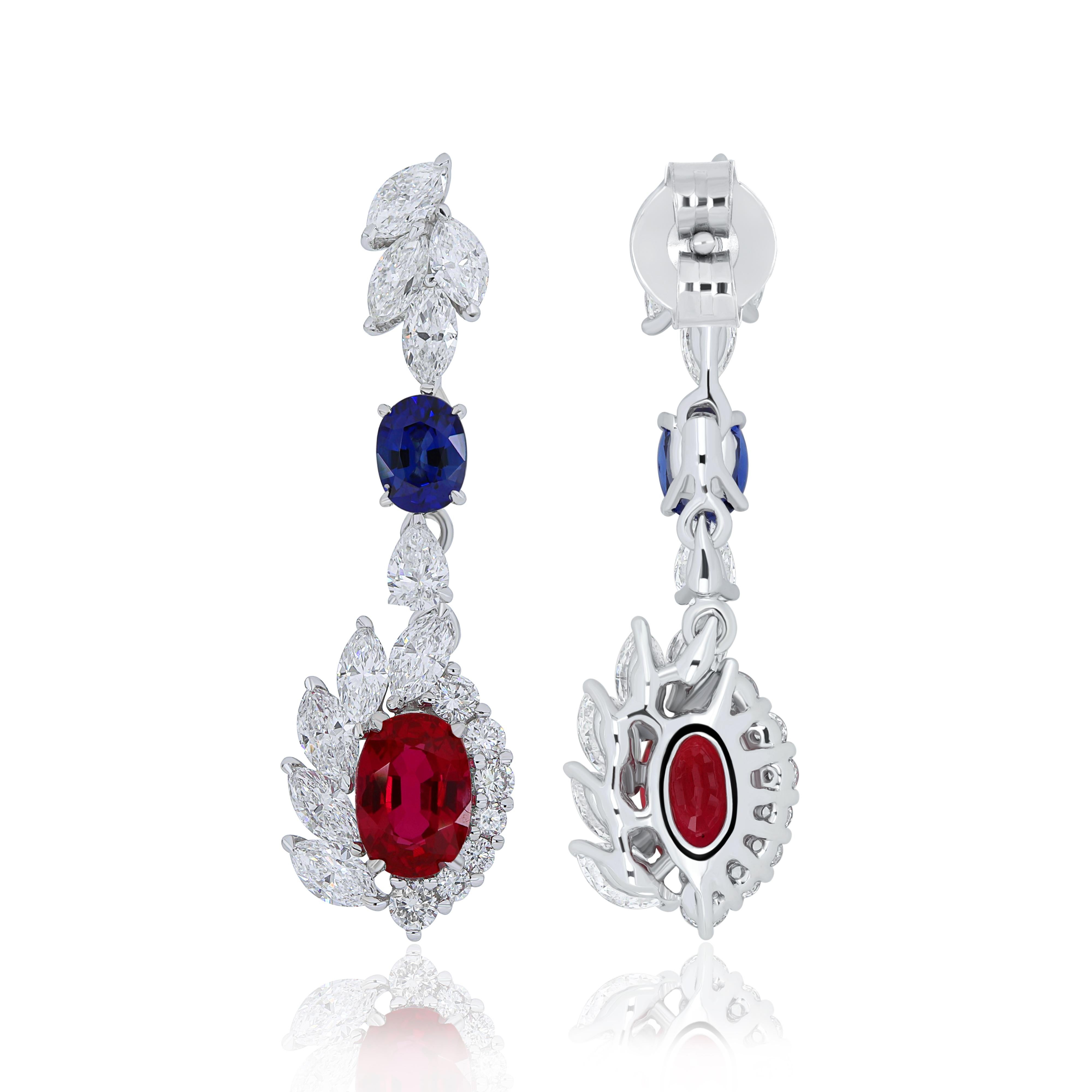 Ruby, Blue Sapphire and Diamond Studded Earrings in 18 Karat White Gold In New Condition For Sale In JAIPUR, IN