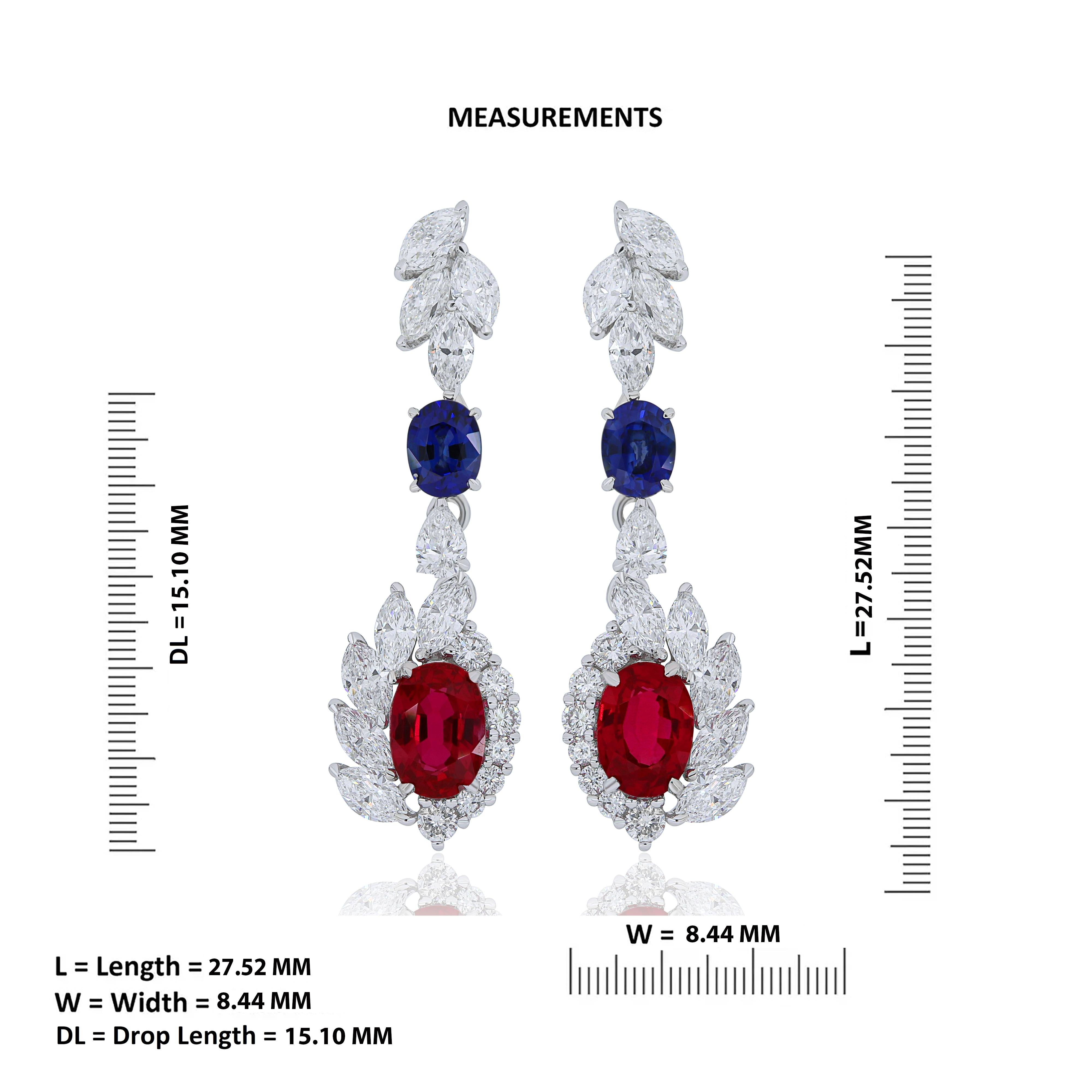 Women's Ruby, Blue Sapphire and Diamond Studded Earrings in 18 Karat White Gold For Sale