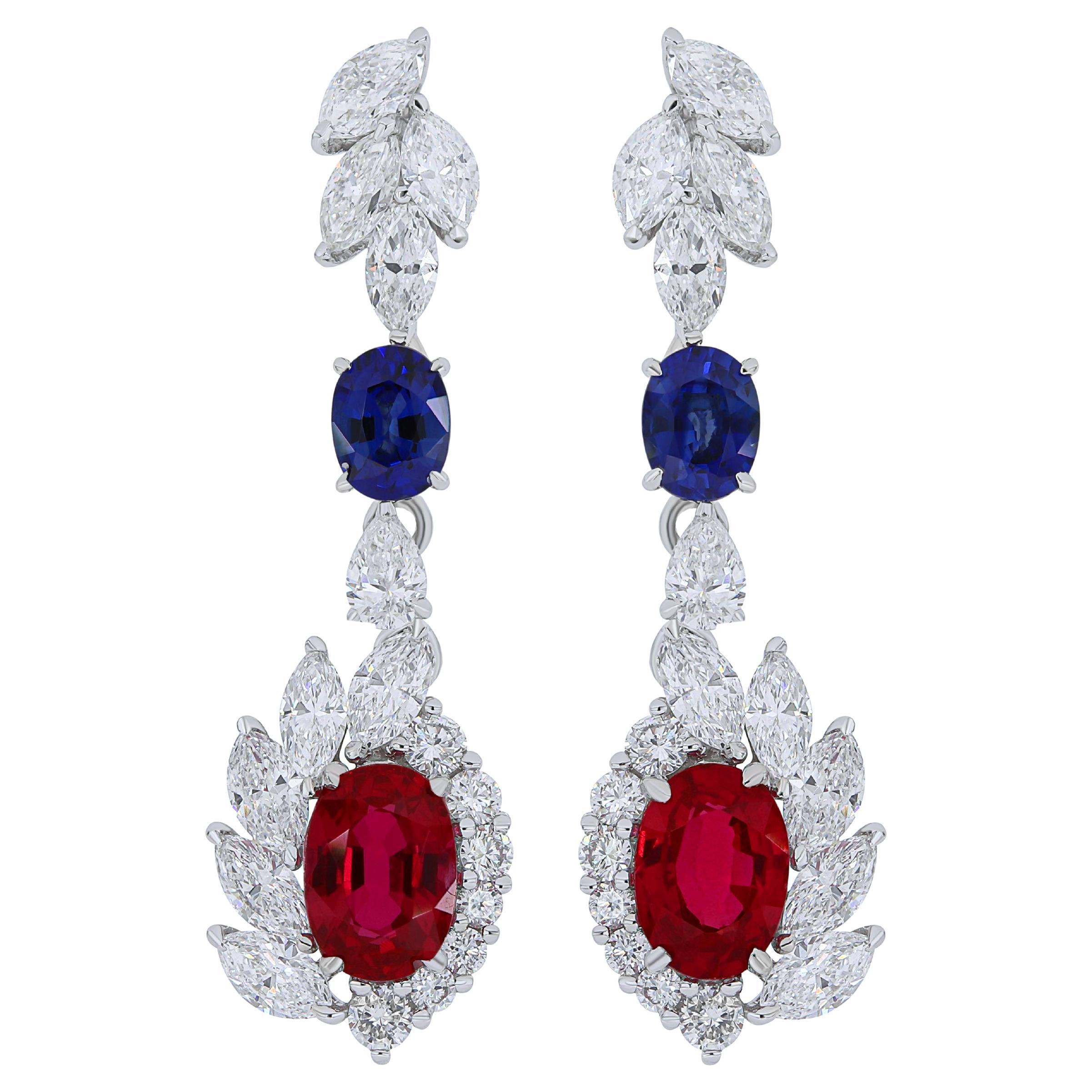 Ruby, Blue Sapphire and Diamond Studded Earrings in 18 Karat White Gold For Sale