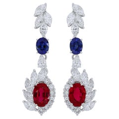 Ruby, Blue Sapphire and Diamond Studded Earrings in 18 Karat White Gold