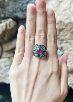 Ruby, Blue Sapphire and Emerald Ring set in 18K White Gold Settings