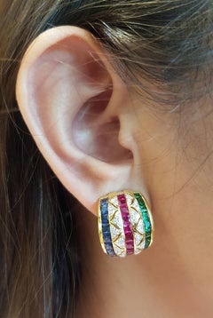 Ruby, Blue Sapphire and Tsavorite with Diamond Earrings Set in 18 Karat Gold