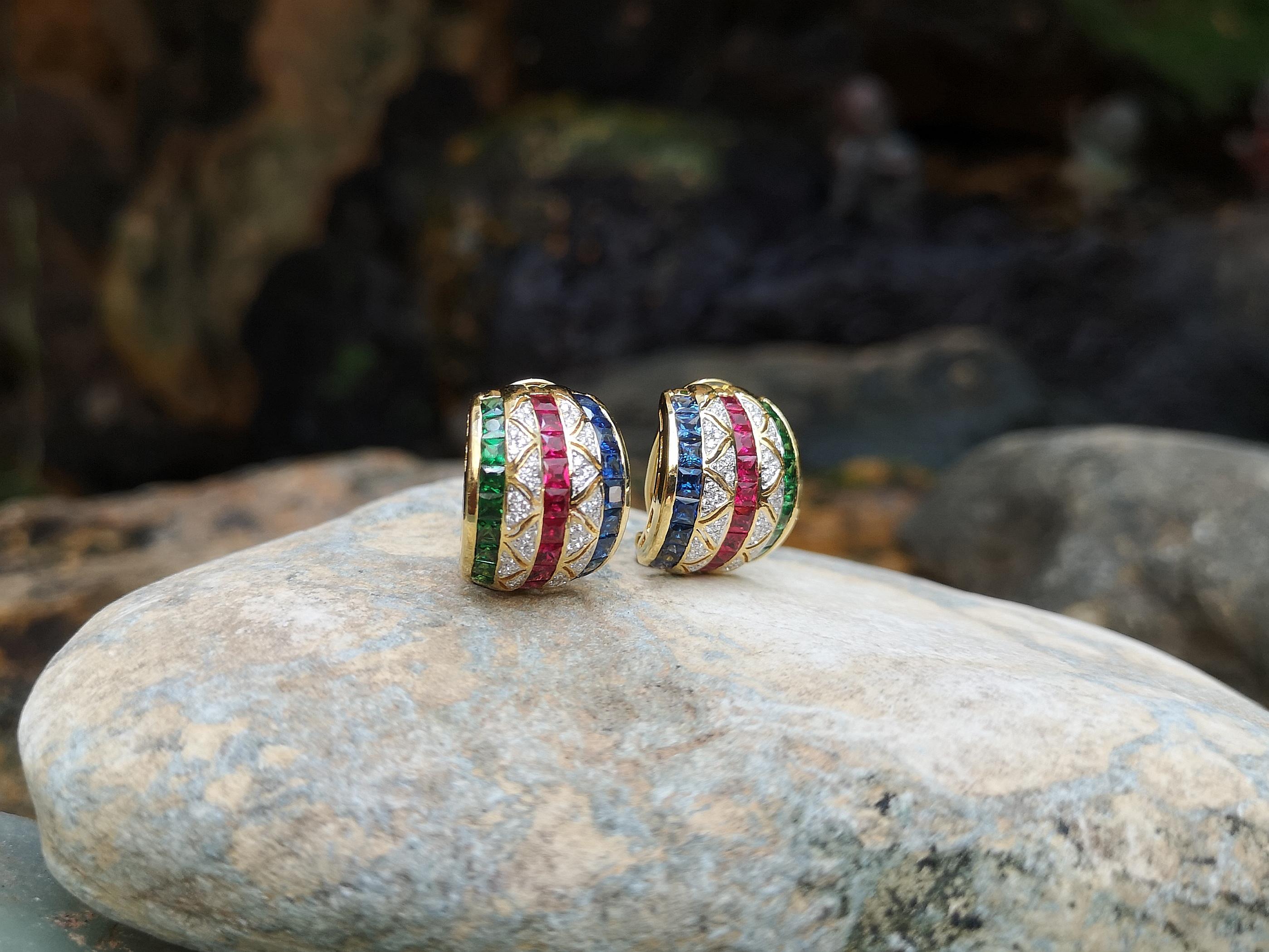Art Deco Ruby, Blue Sapphire and Tsavorite with Diamond Earrings Set in 18 Karat Gold For Sale