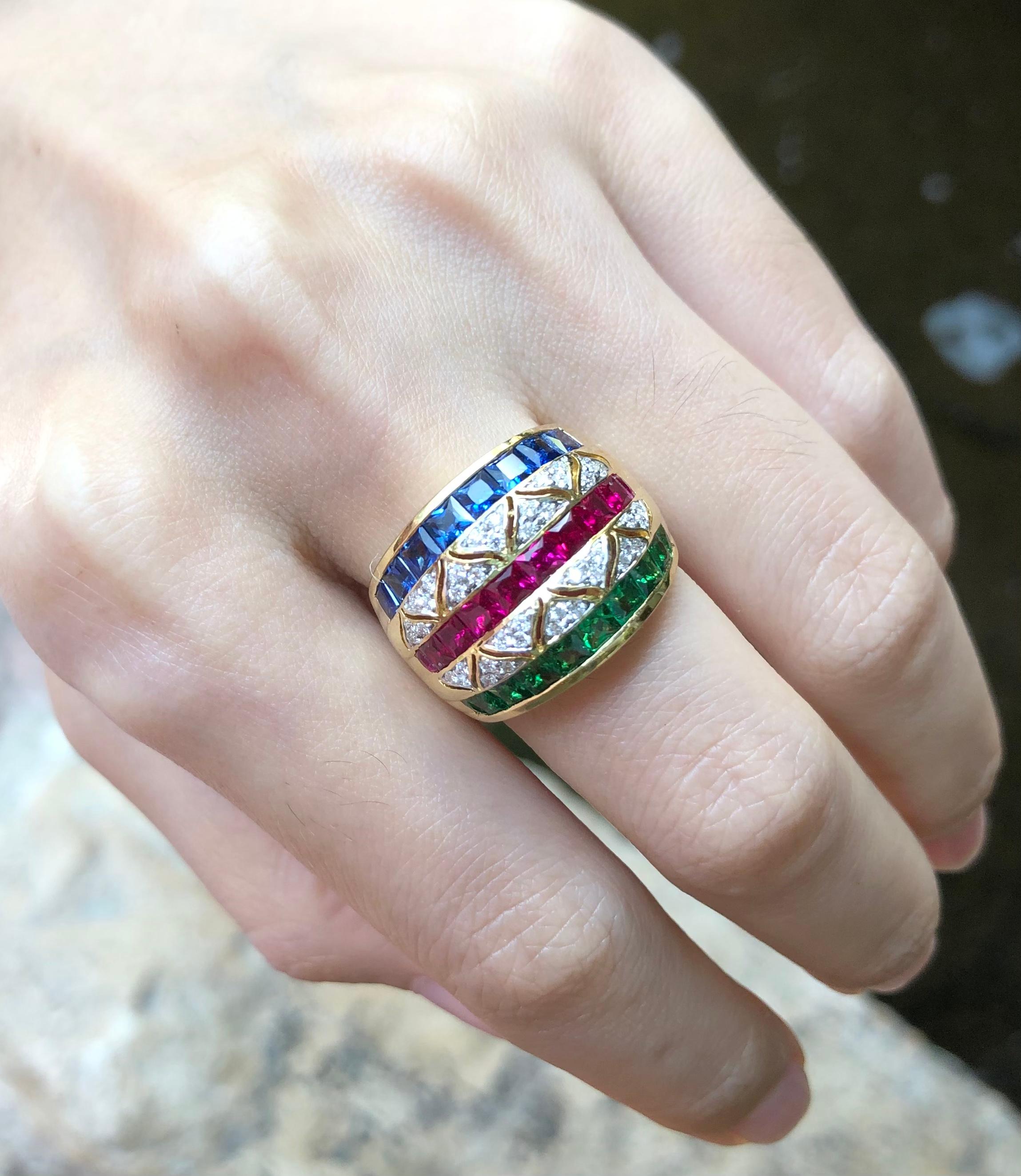 Ring mit Rubin, blauem Saphir und Tsavorit mit Diamant in 18 Karat Goldfassung im Angebot 1