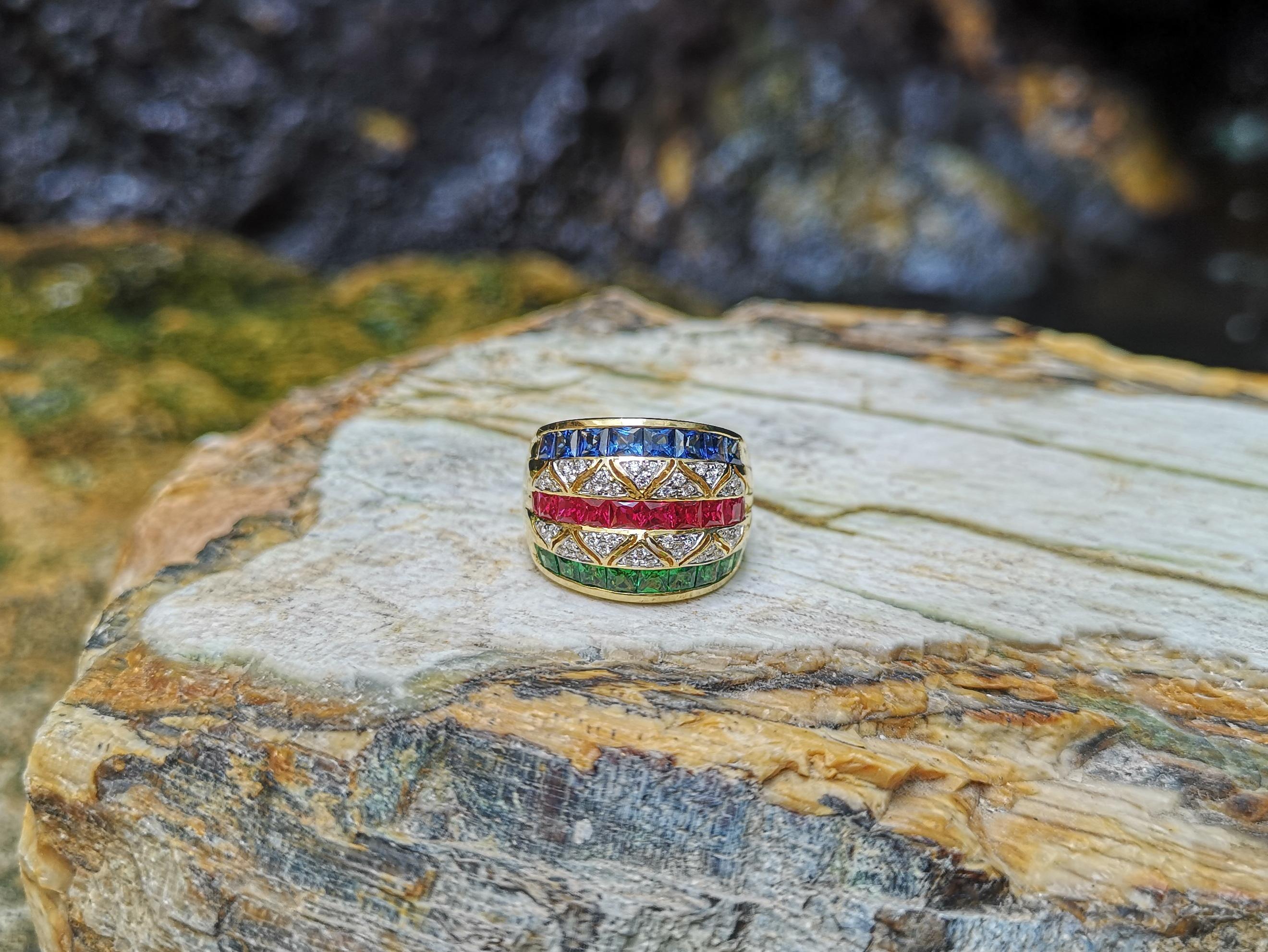 Ring mit Rubin, blauem Saphir und Tsavorit mit Diamant in 18 Karat Goldfassung im Angebot 2