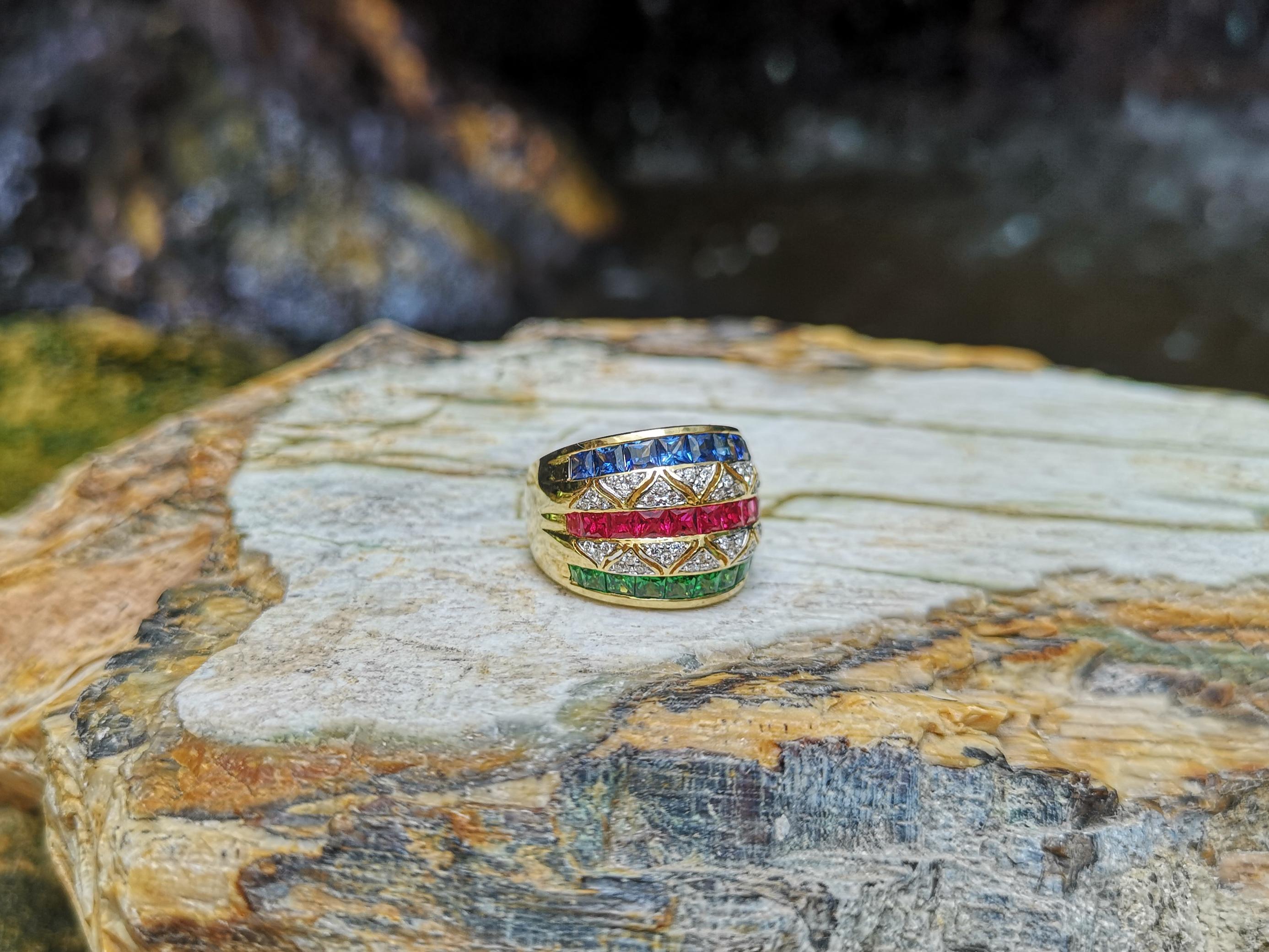 Ring mit Rubin, blauem Saphir und Tsavorit mit Diamant in 18 Karat Goldfassung im Angebot 3