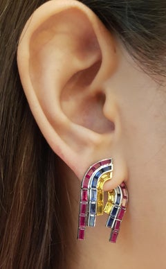 Ruby, Blue Sapphire and Yellow Sapphire Earrings in 18 Karat White Gold Settings