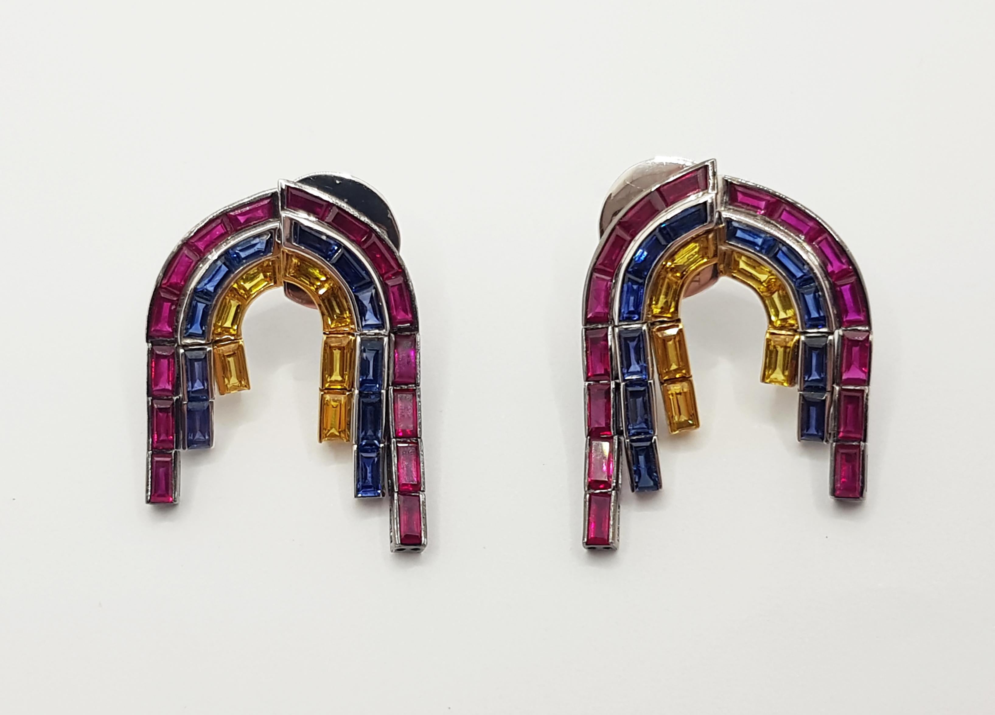Baguette Cut Ruby, Blue Sapphire and Yellow Sapphire Earrings in 18 Karat White Gold Settings For Sale