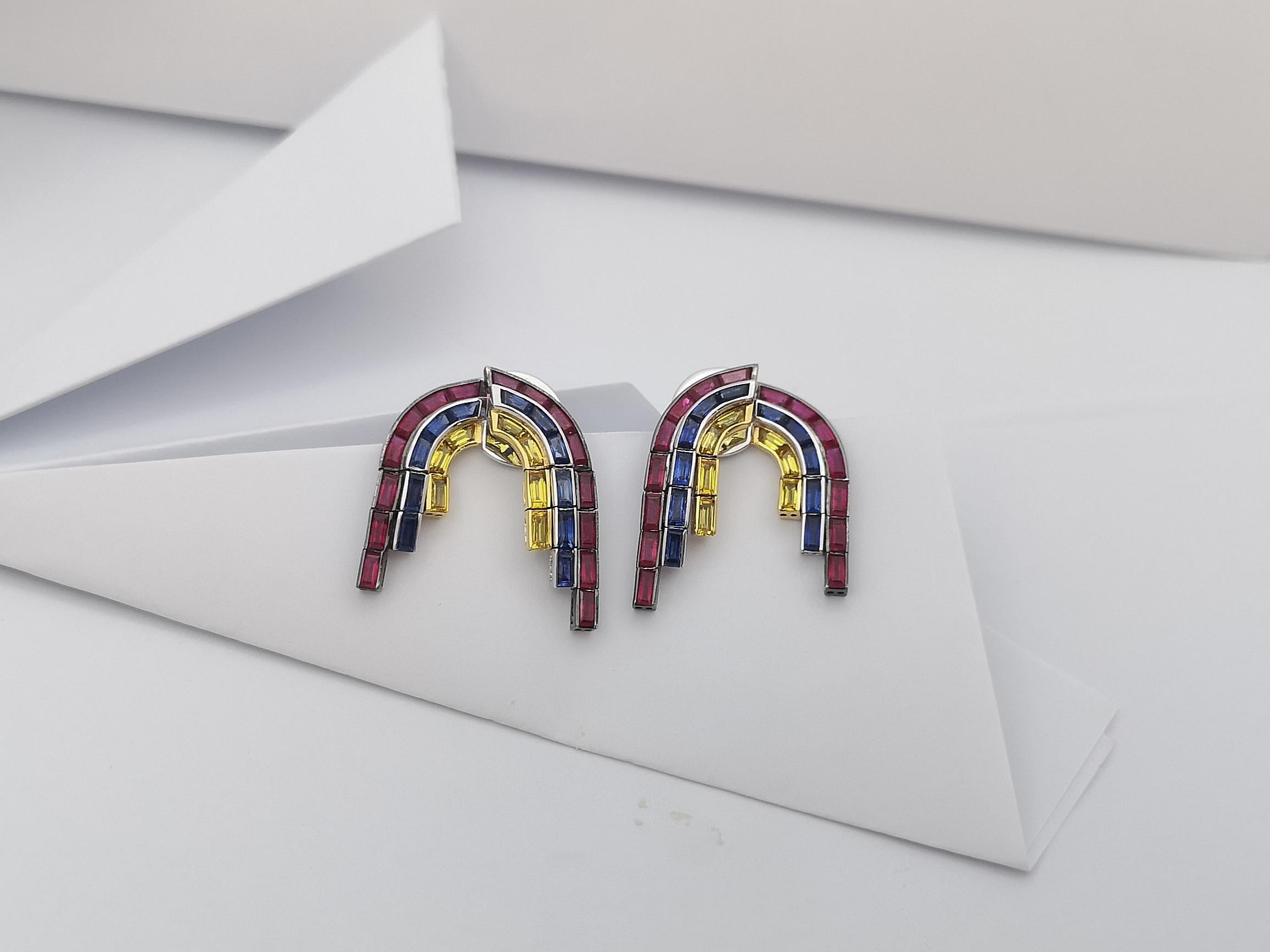 Ruby, Blue Sapphire and Yellow Sapphire Earrings in 18 Karat White Gold Settings In New Condition For Sale In Bangkok, TH