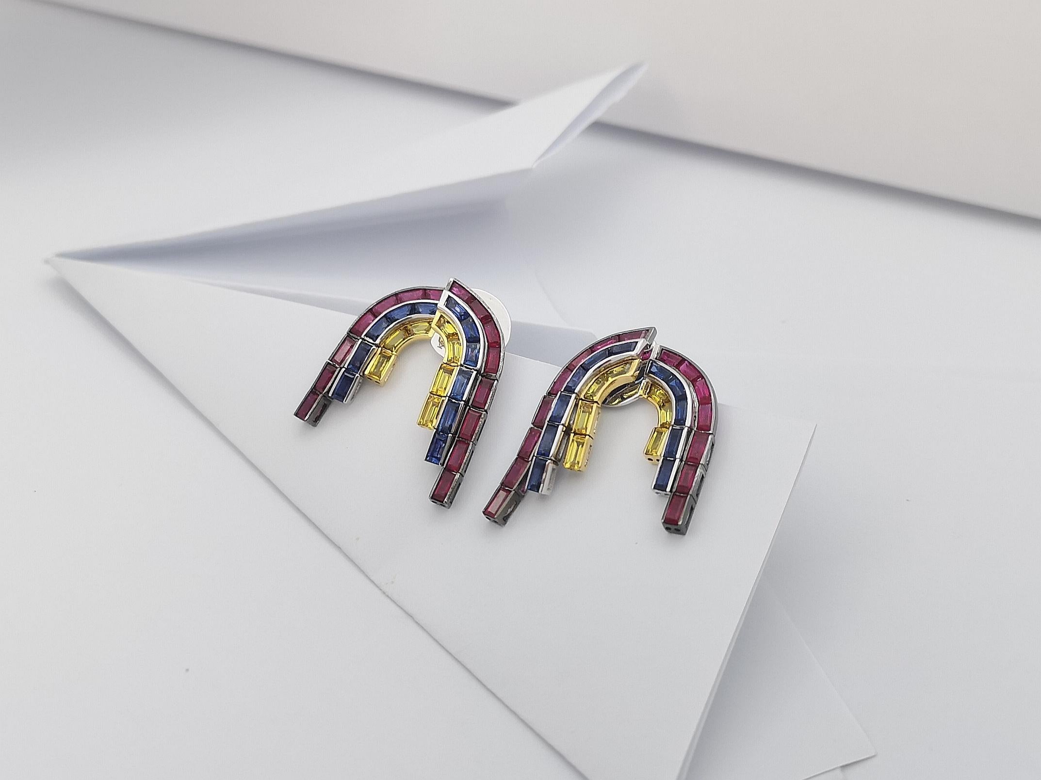 Women's Ruby, Blue Sapphire and Yellow Sapphire Earrings in 18 Karat White Gold Settings For Sale