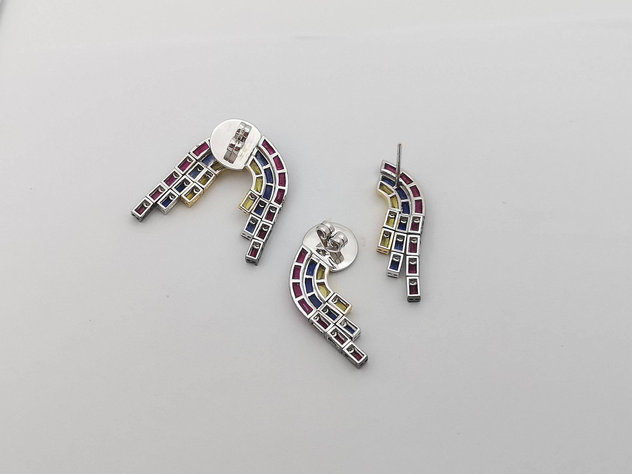 Ruby, Blue Sapphire and Yellow Sapphire Earrings in 18 Karat White Gold Settings For Sale 3