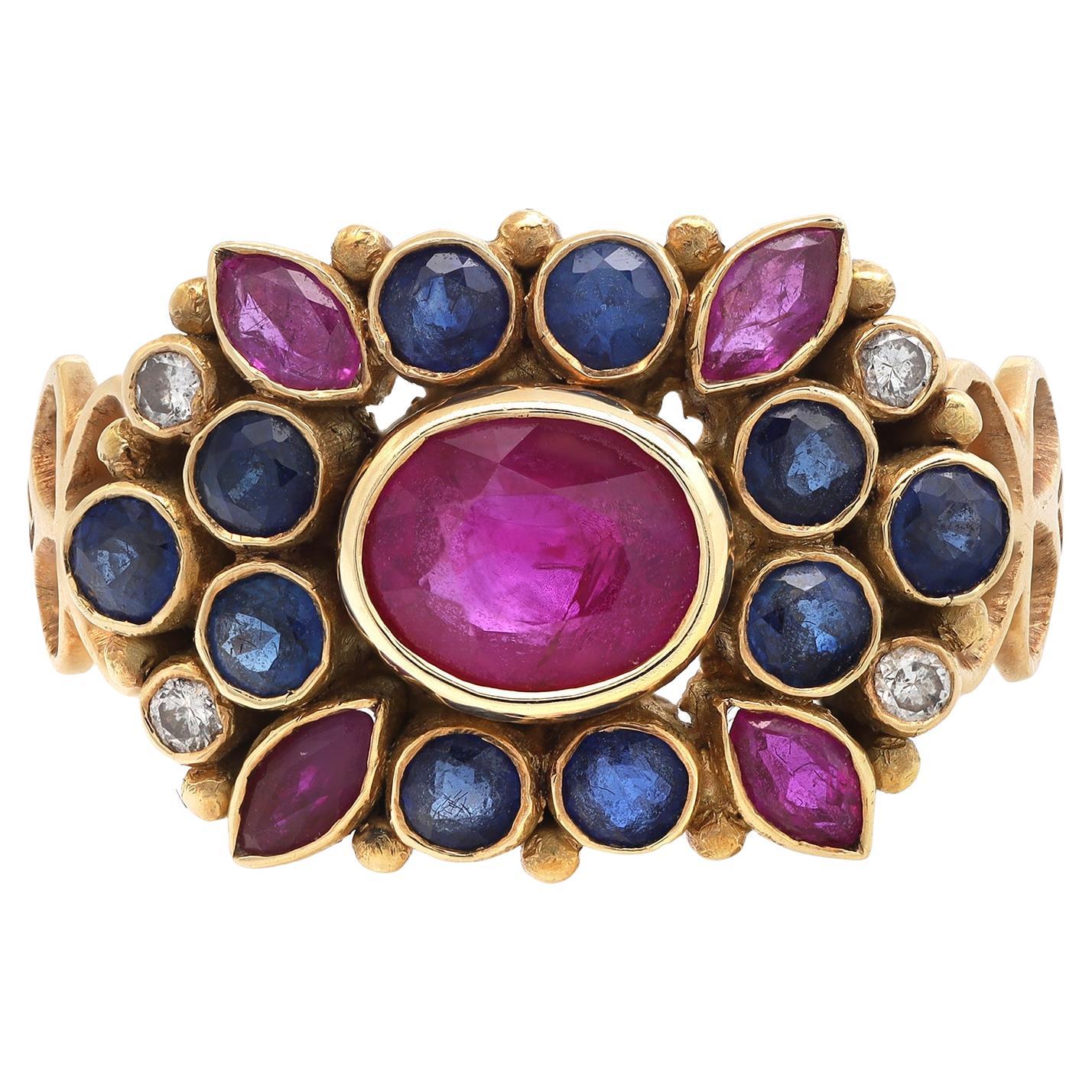 Ruby Blue Sapphire & Diamond Cocktail Ring 14K Yellow Gold For Sale