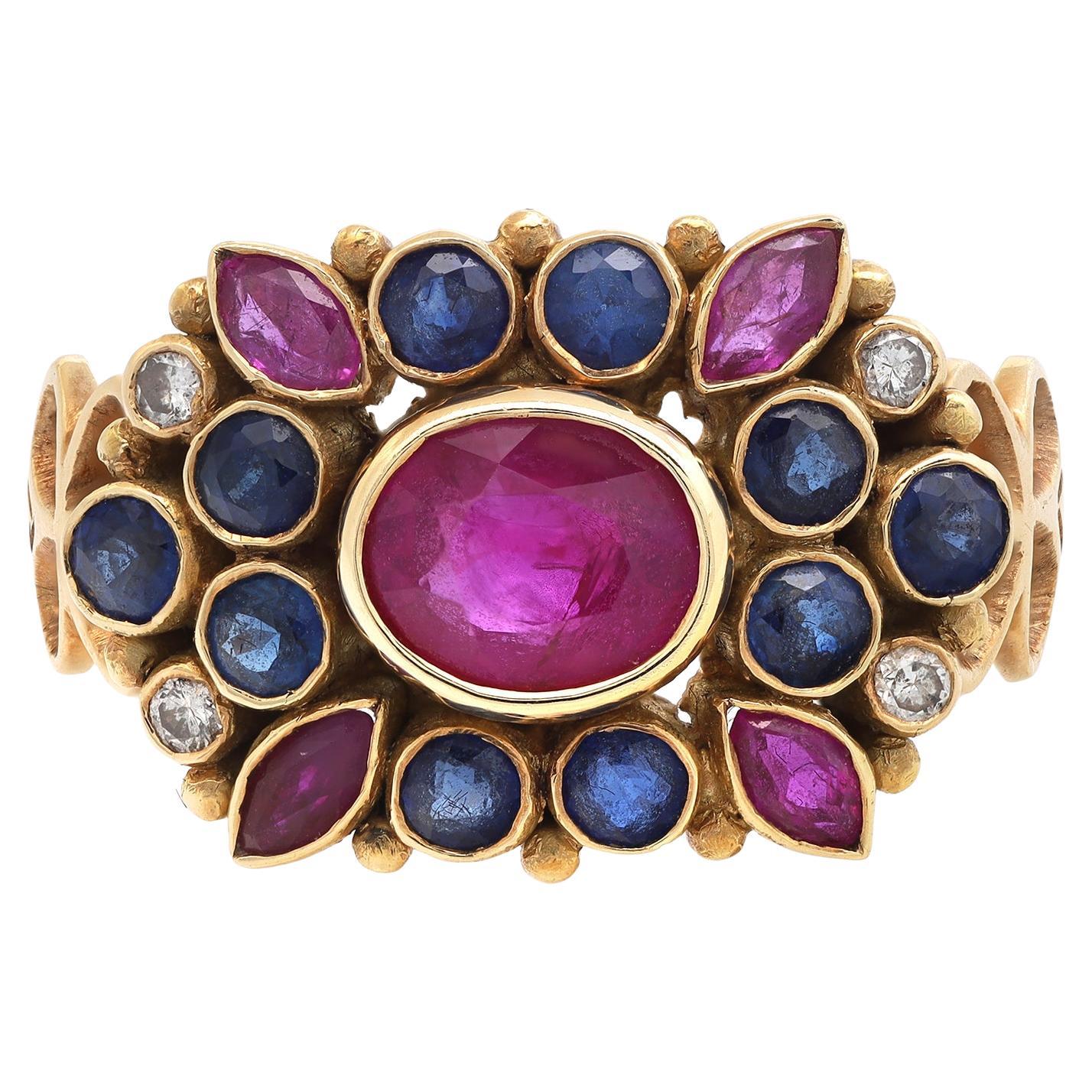 Rubí Zafiro Azul y Diamante Anillo de Cóctel Oro Amarillo 14K