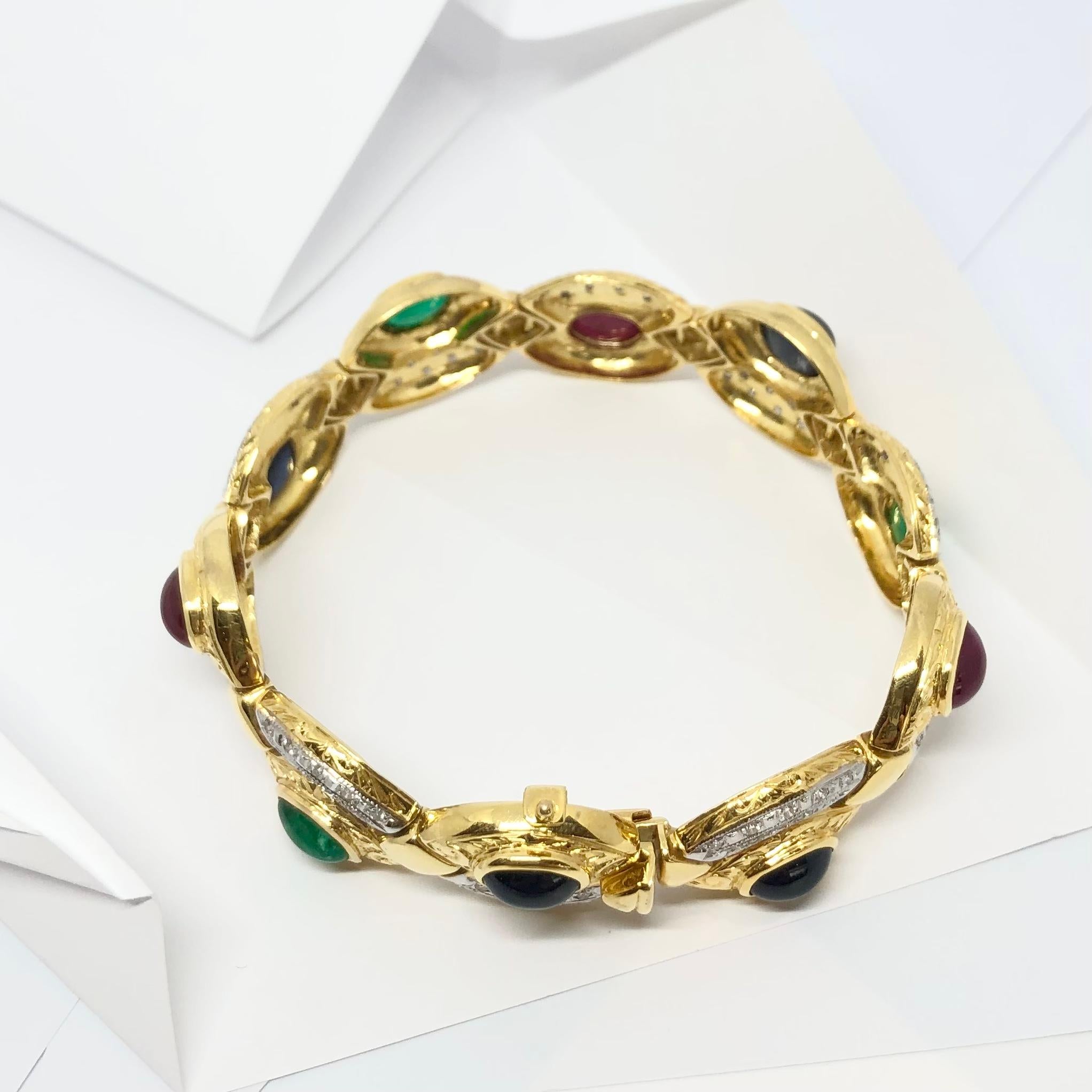 Ruby, Blue Sapphire, Emerald and Diamond Bracelet Set in 18 Karat Gold Settings For Sale 6