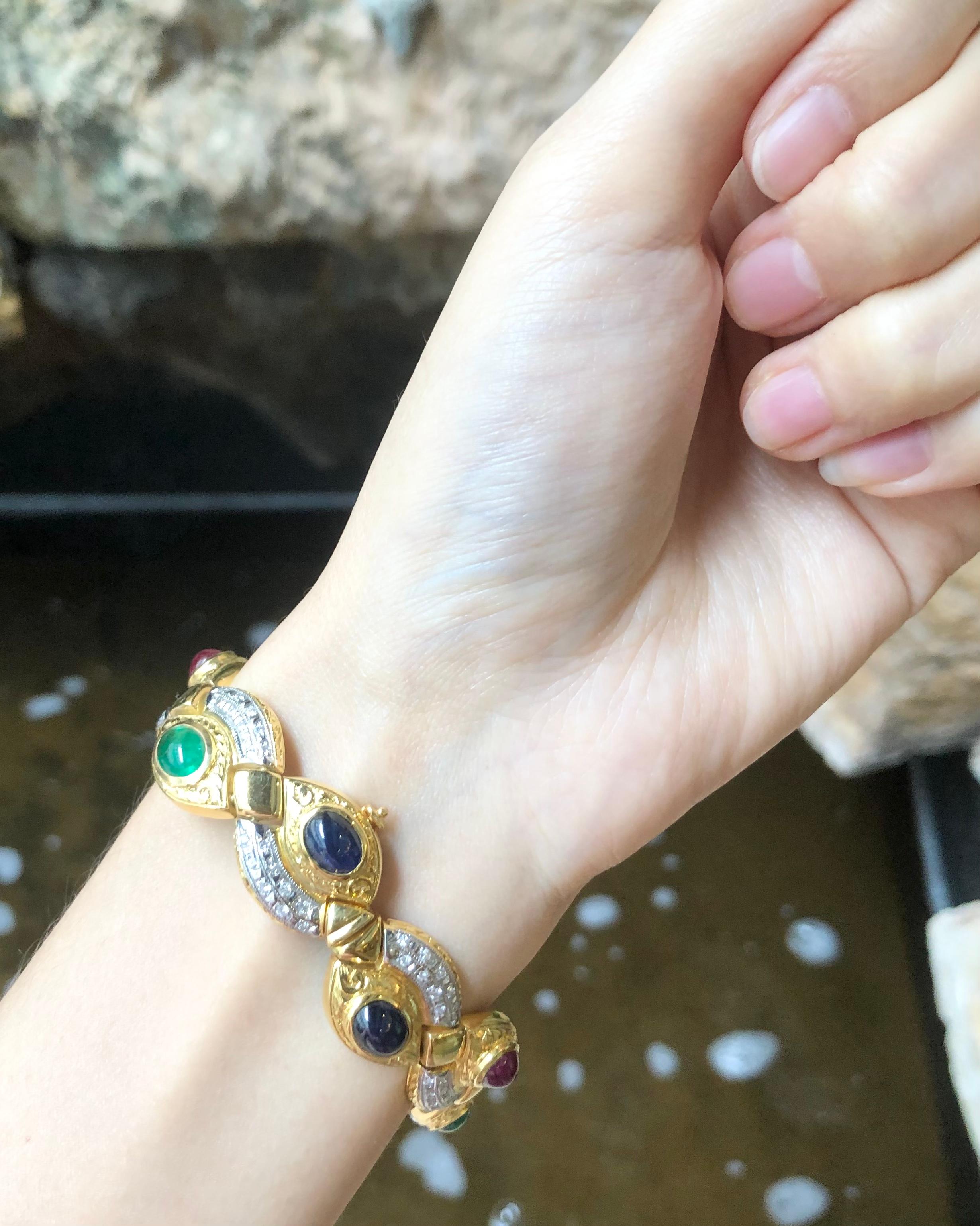 Women's Ruby, Blue Sapphire, Emerald and Diamond Bracelet Set in 18 Karat Gold Settings For Sale