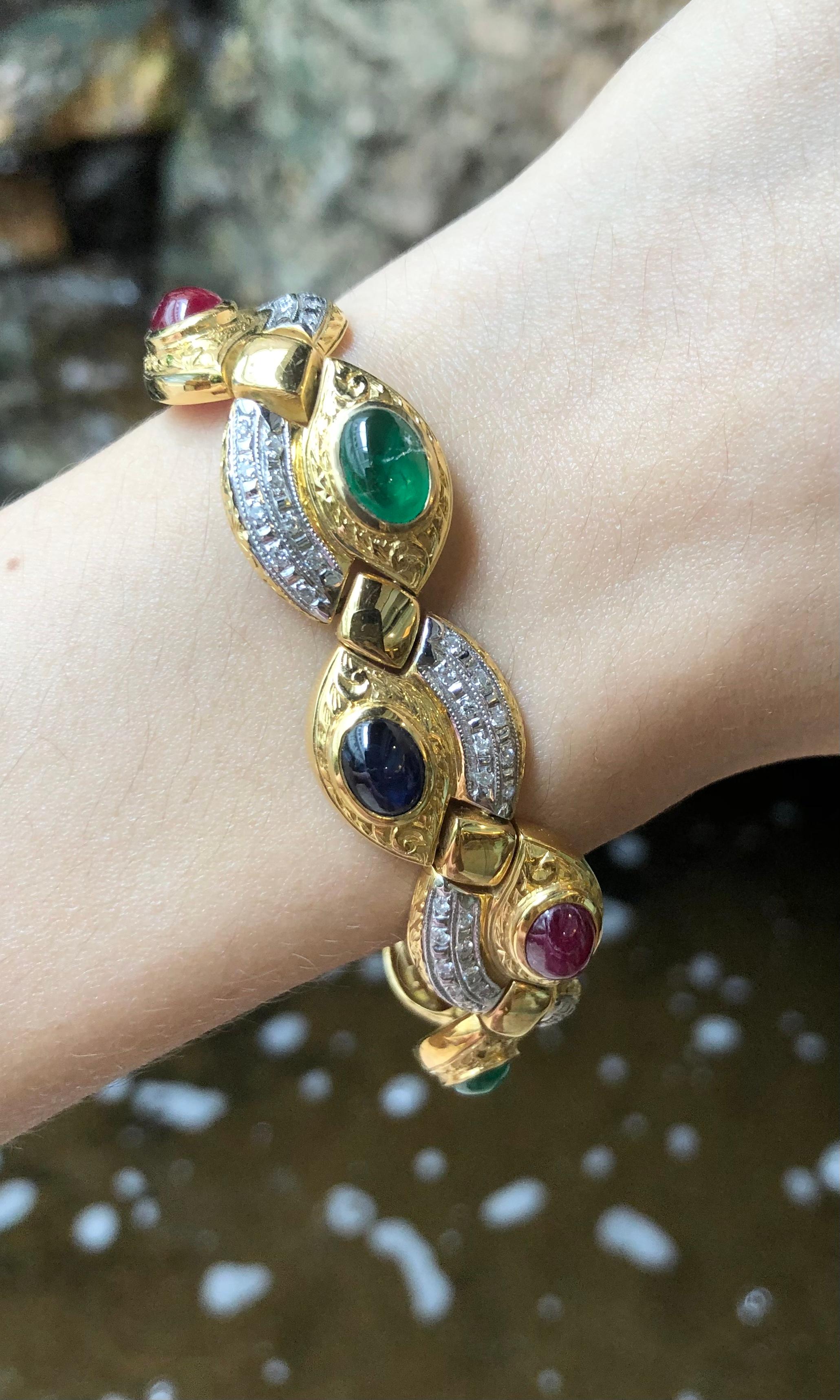 Ruby, Blue Sapphire, Emerald and Diamond Bracelet Set in 18 Karat Gold Settings For Sale 1