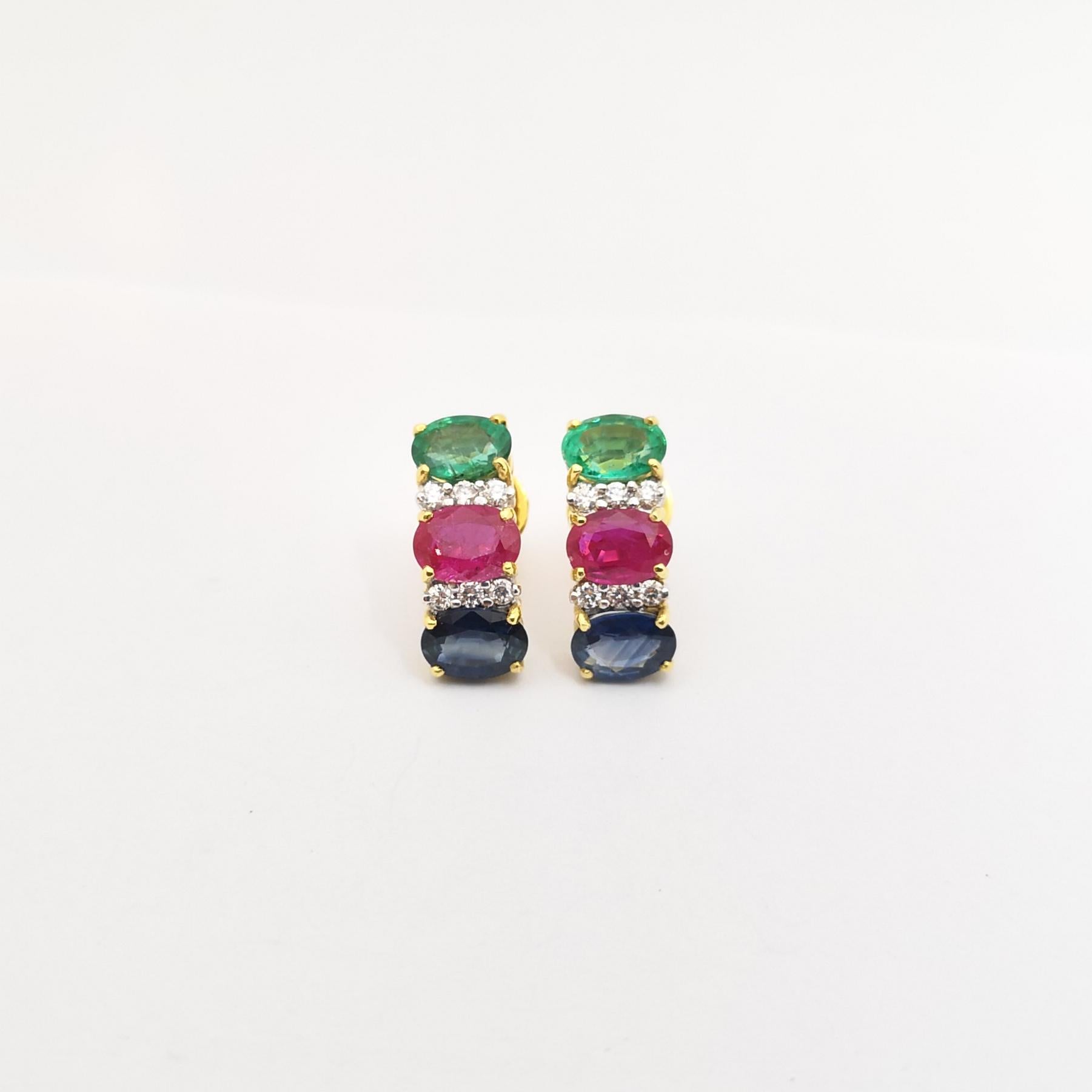 Oval Cut Ruby, Blue Sapphire, Emerald and Diamond Earrings set in 18K Gold Settings For Sale