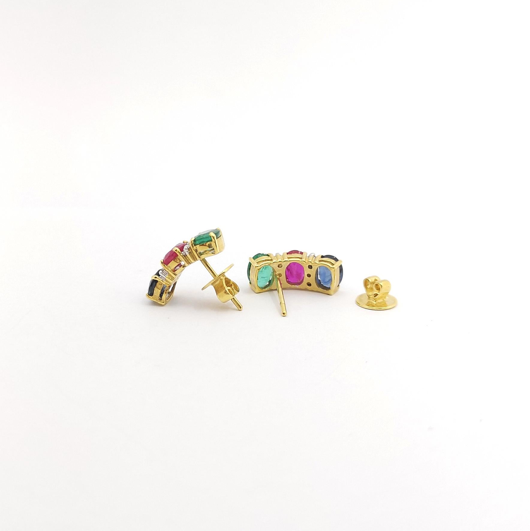 Women's Ruby, Blue Sapphire, Emerald and Diamond Earrings set in 18K Gold Settings For Sale