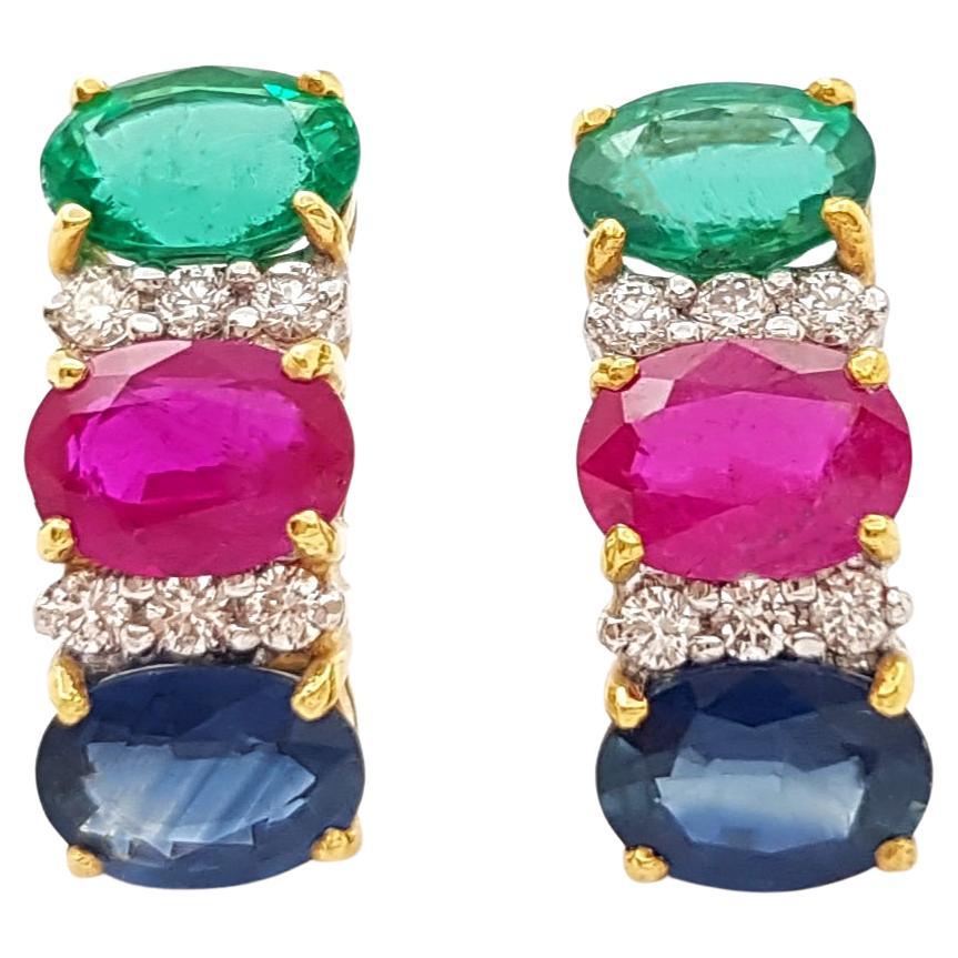 Ruby, Blue Sapphire, Emerald and Diamond Earrings set in 18K Gold Settings For Sale