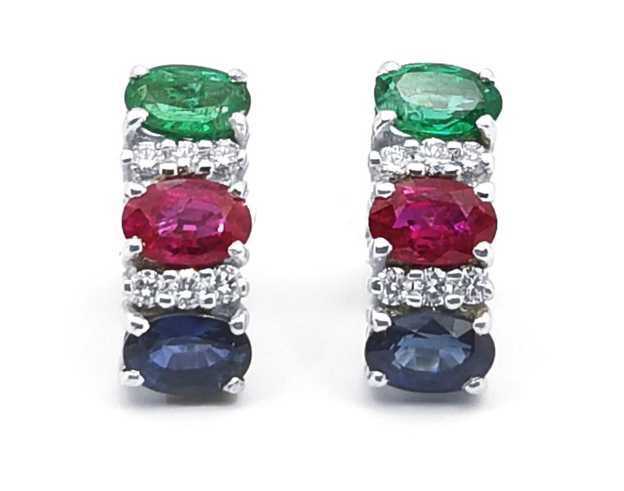 Ruby, Blue Sapphire, Emerald and Diamond Earrings set in 18K White Gold Settings For Sale 4