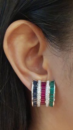 Ruby, Blue Sapphire, Emerald and Diamond Earrings set in 18K White Gold Settings
