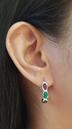 Ruby, Blue Sapphire, Emerald and Diamond Earrings set in 18K White Gold Settings