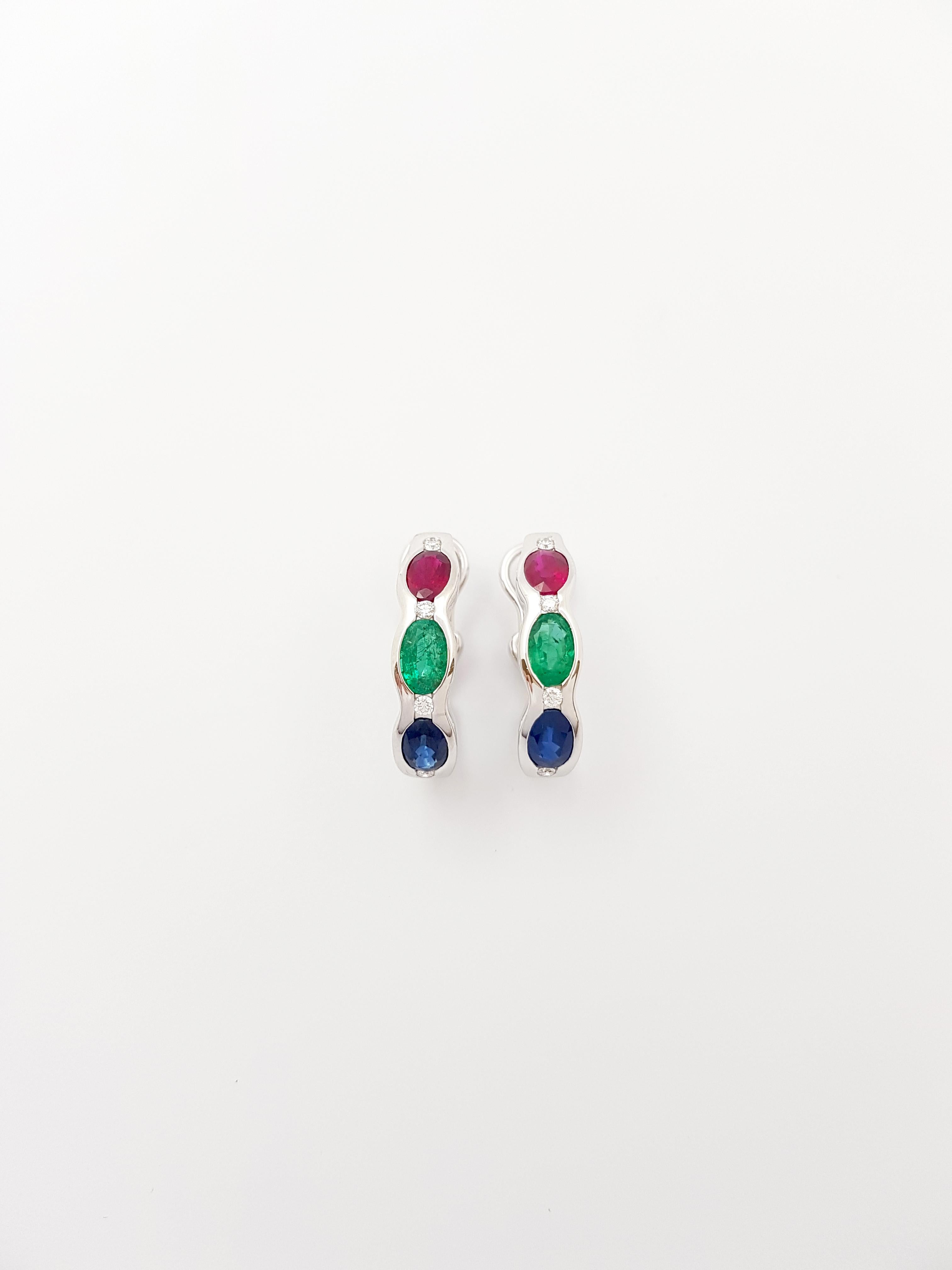 Contemporary Ruby, Blue Sapphire, Emerald and Diamond Earrings set in 18K White Gold Settings For Sale