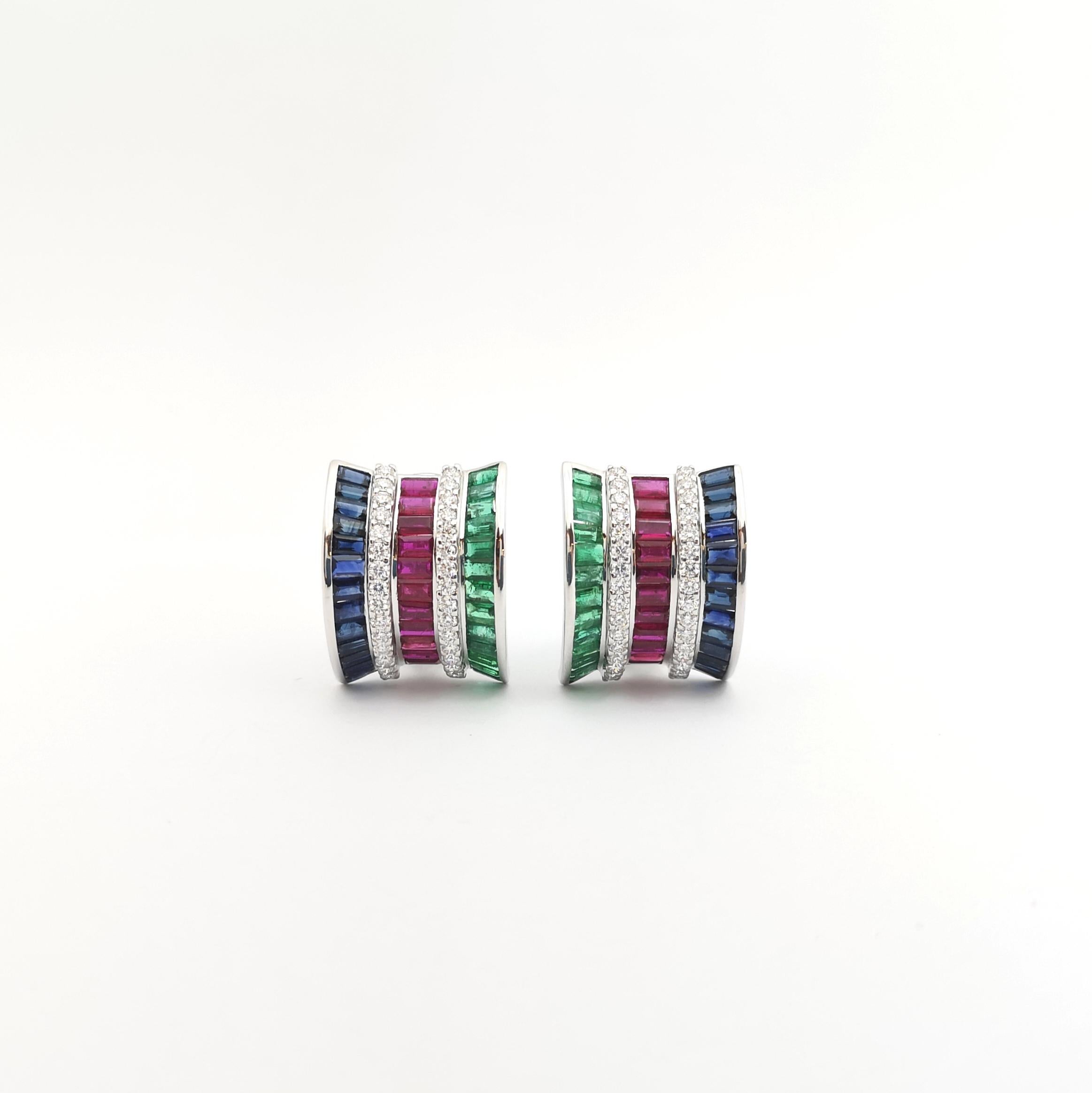Baguette Cut Ruby, Blue Sapphire, Emerald and Diamond Earrings set in 18K White Gold Settings For Sale