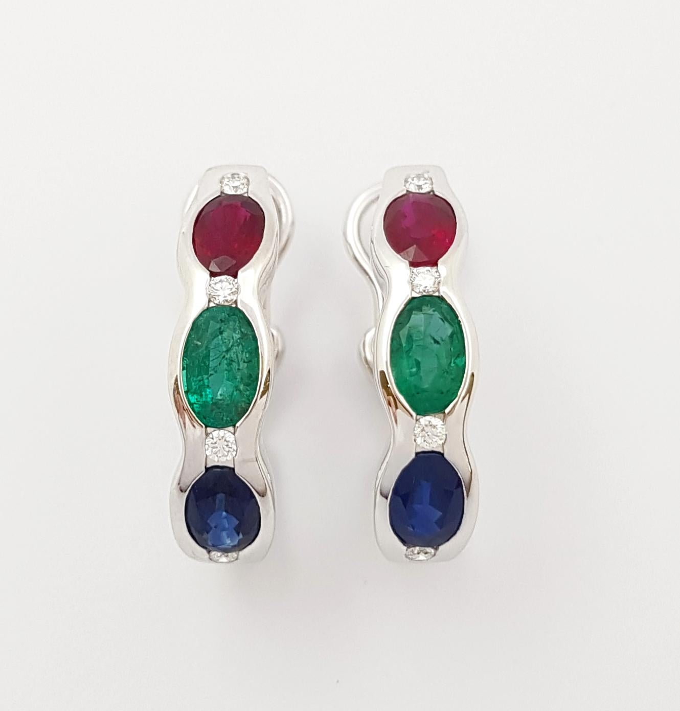 Oval Cut Ruby, Blue Sapphire, Emerald and Diamond Earrings set in 18K White Gold Settings For Sale
