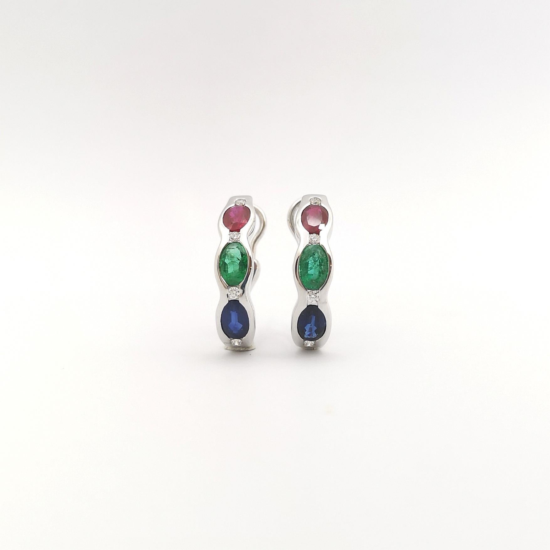 Ruby, Blue Sapphire, Emerald and Diamond Earrings set in 18K White Gold Settings In New Condition For Sale In Bangkok, TH