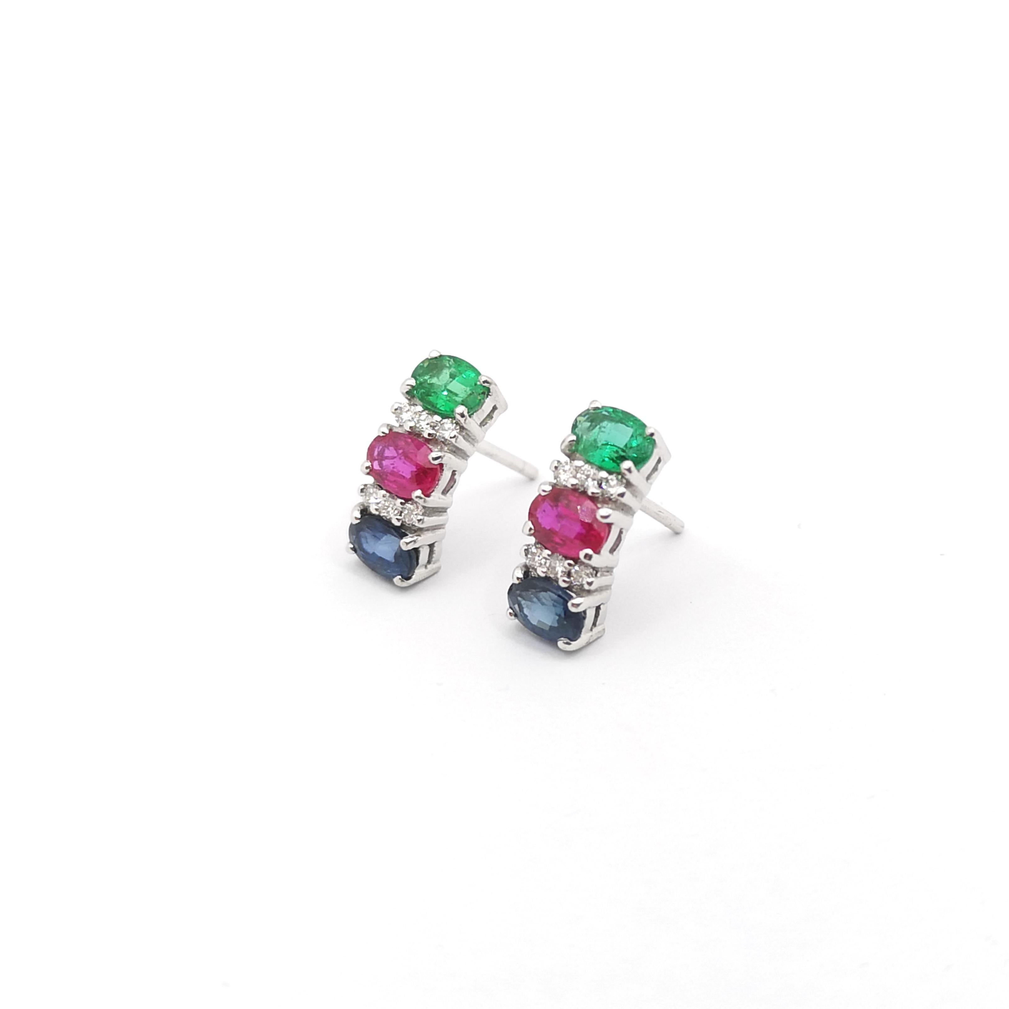 Ruby, Blue Sapphire, Emerald and Diamond Earrings set in 18K White Gold Settings In New Condition For Sale In Bangkok, TH