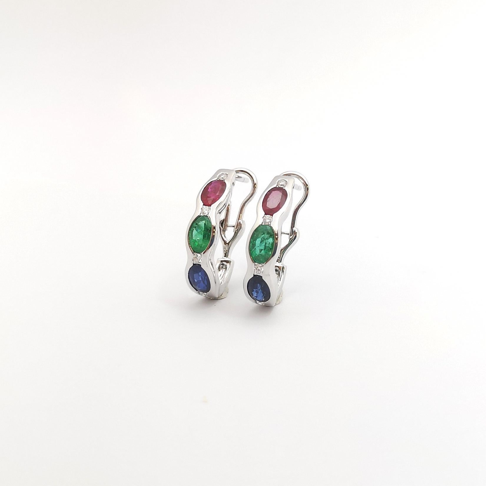 Women's Ruby, Blue Sapphire, Emerald and Diamond Earrings set in 18K White Gold Settings For Sale
