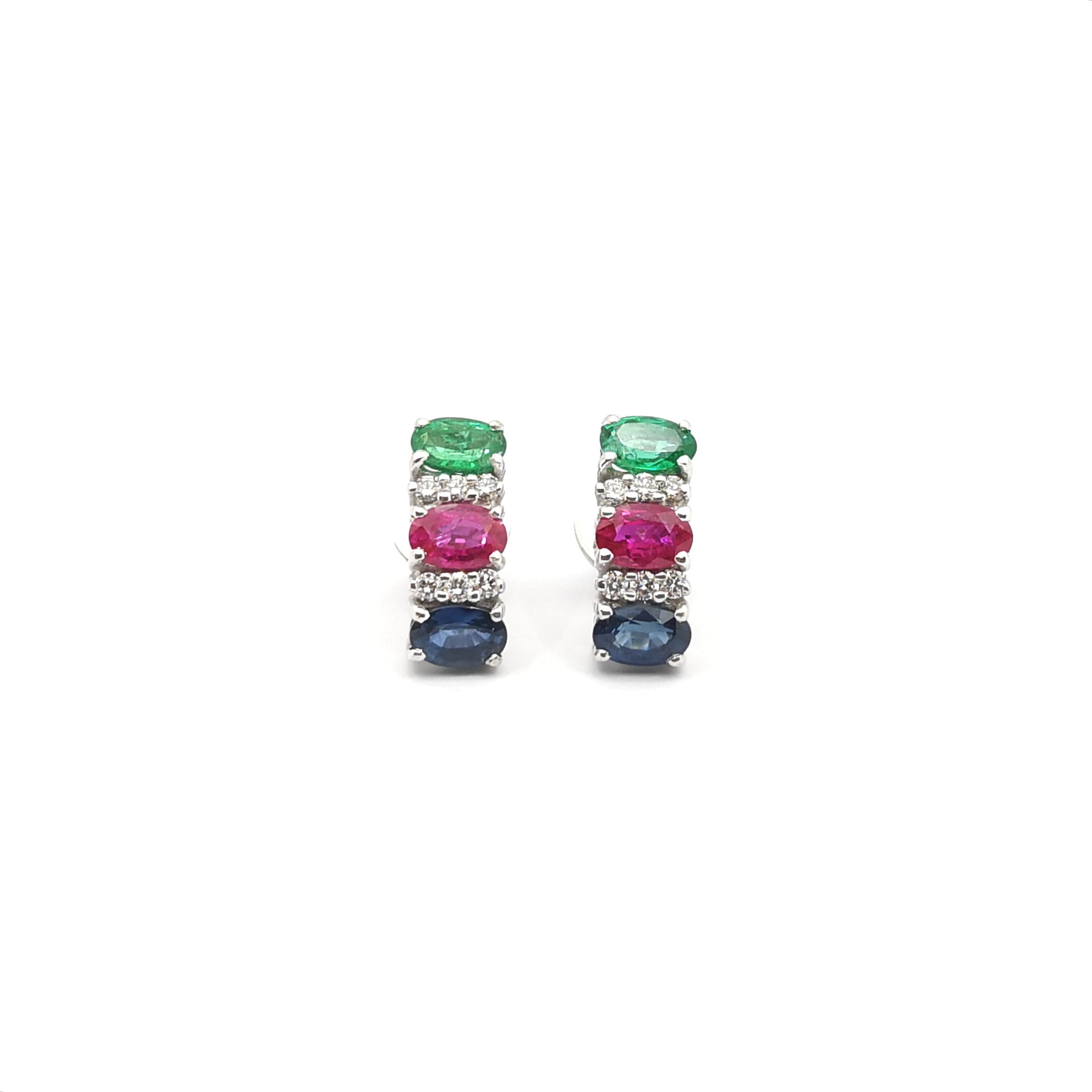 Women's Ruby, Blue Sapphire, Emerald and Diamond Earrings set in 18K White Gold Settings For Sale