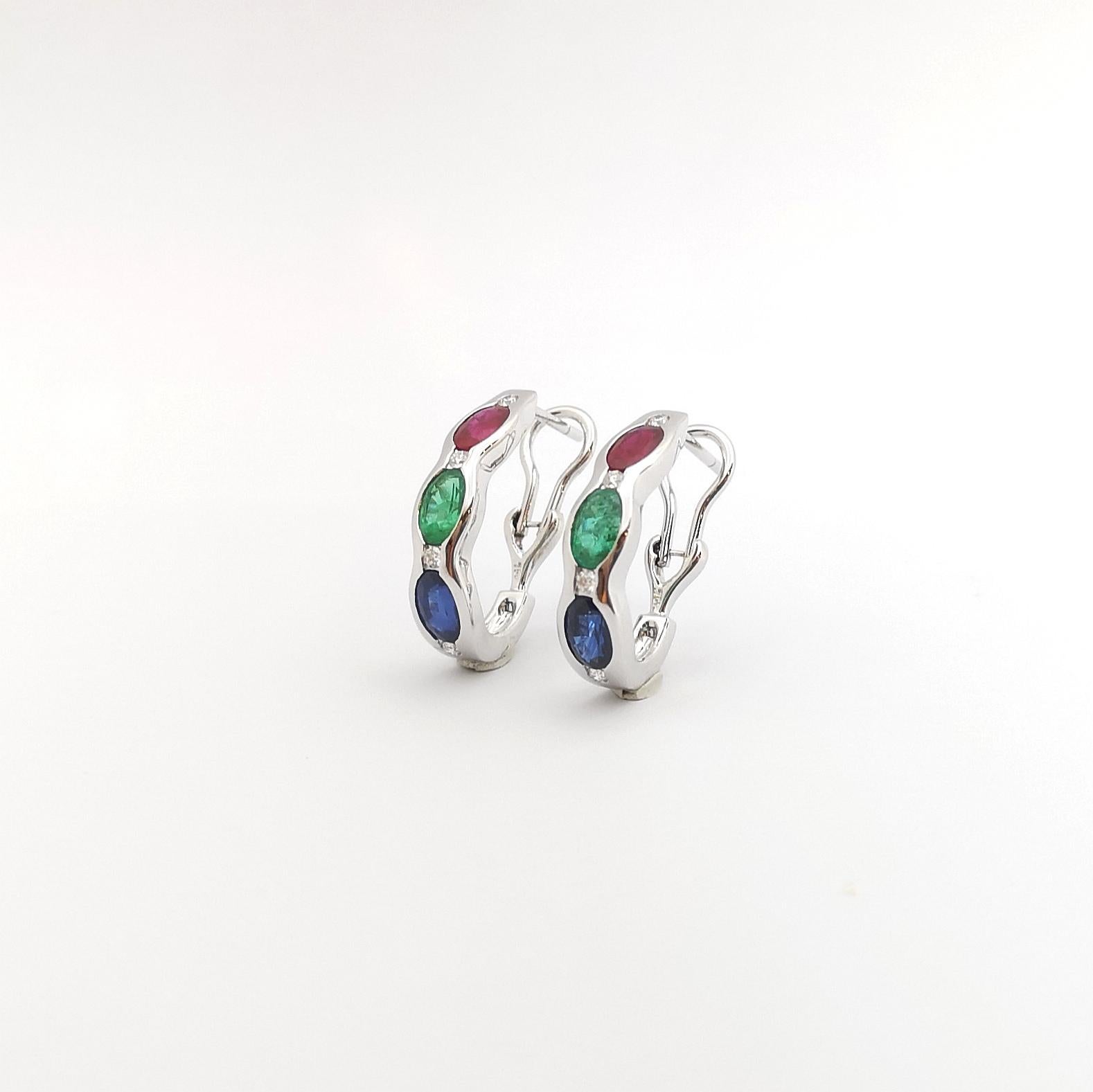 Ruby, Blue Sapphire, Emerald and Diamond Earrings set in 18K White Gold Settings For Sale 1