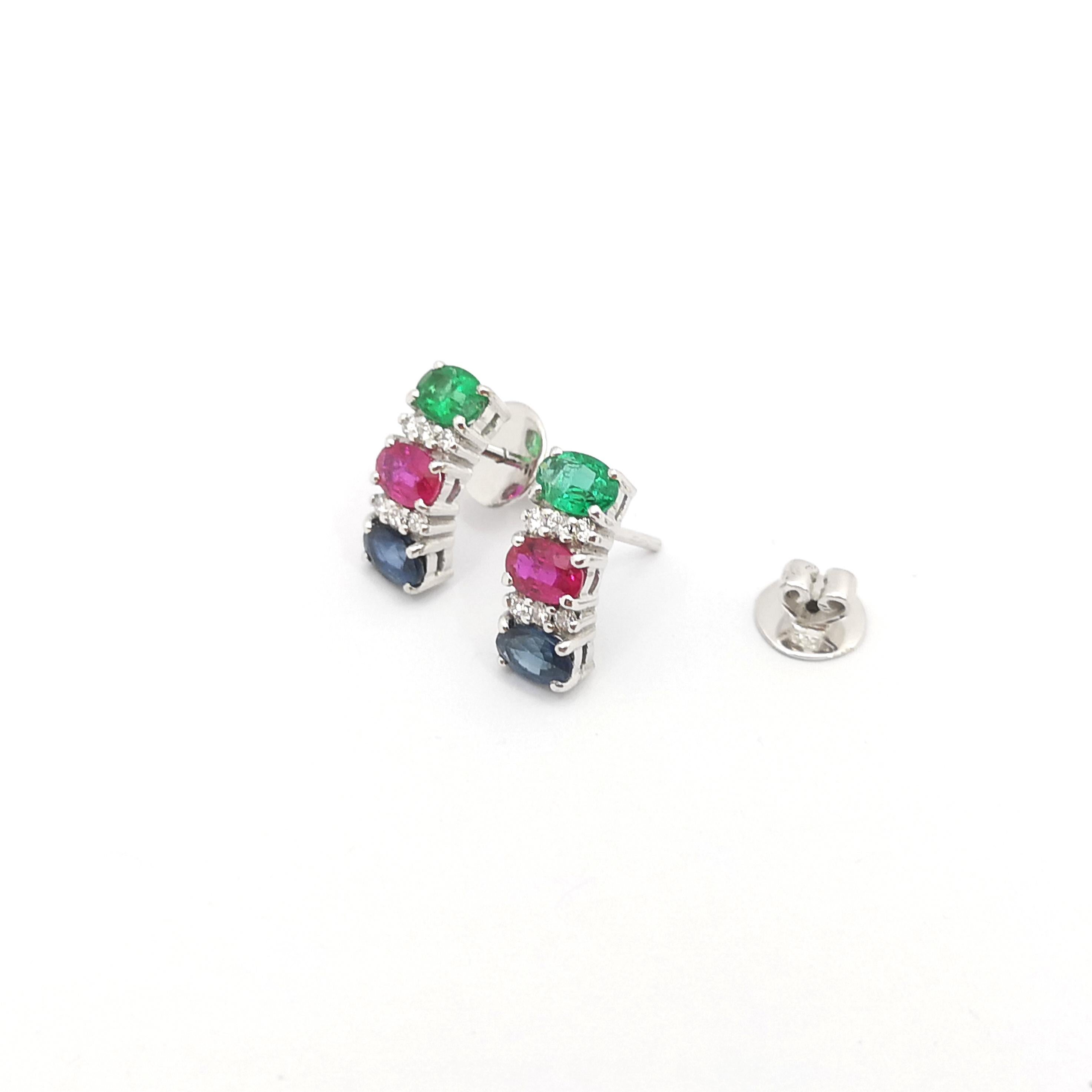 Ruby, Blue Sapphire, Emerald and Diamond Earrings set in 18K White Gold Settings For Sale 1