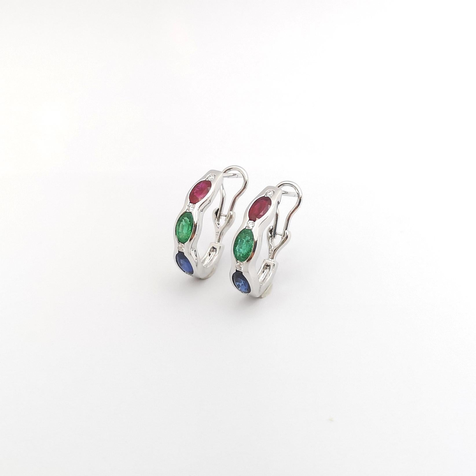 Ruby, Blue Sapphire, Emerald and Diamond Earrings set in 18K White Gold Settings For Sale 2