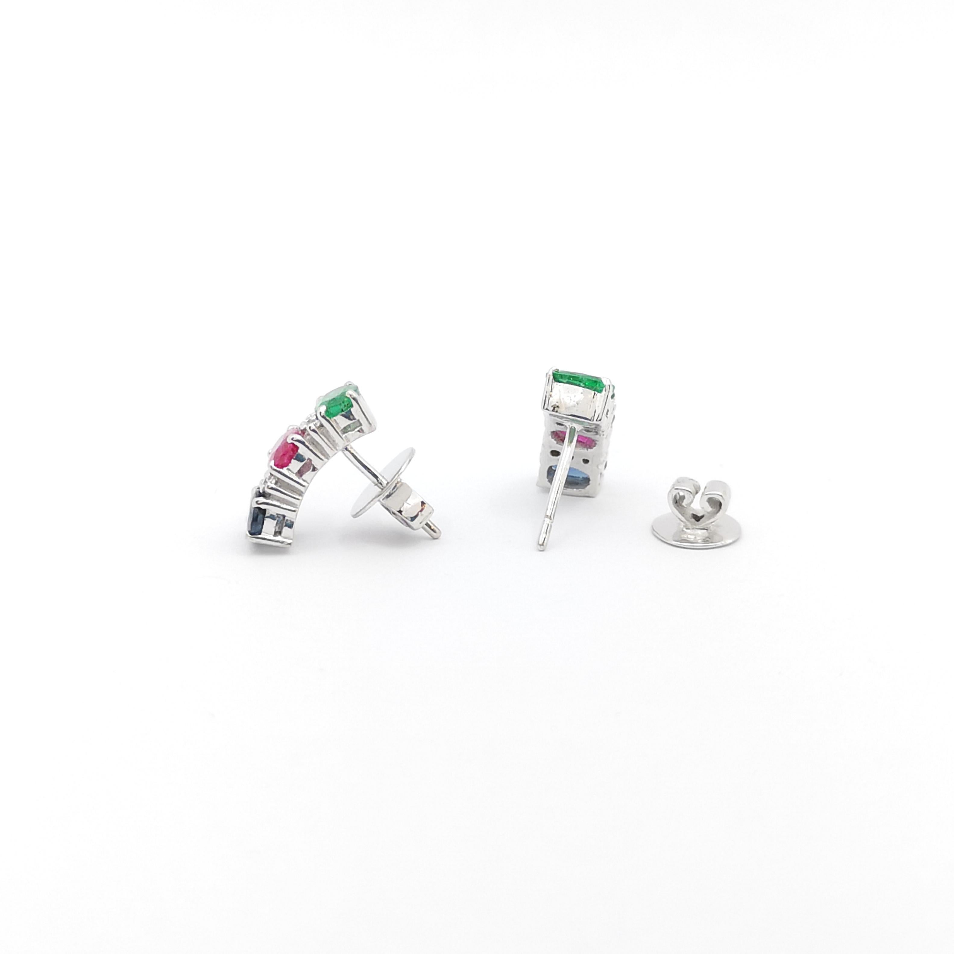 Ruby, Blue Sapphire, Emerald and Diamond Earrings set in 18K White Gold Settings For Sale 3